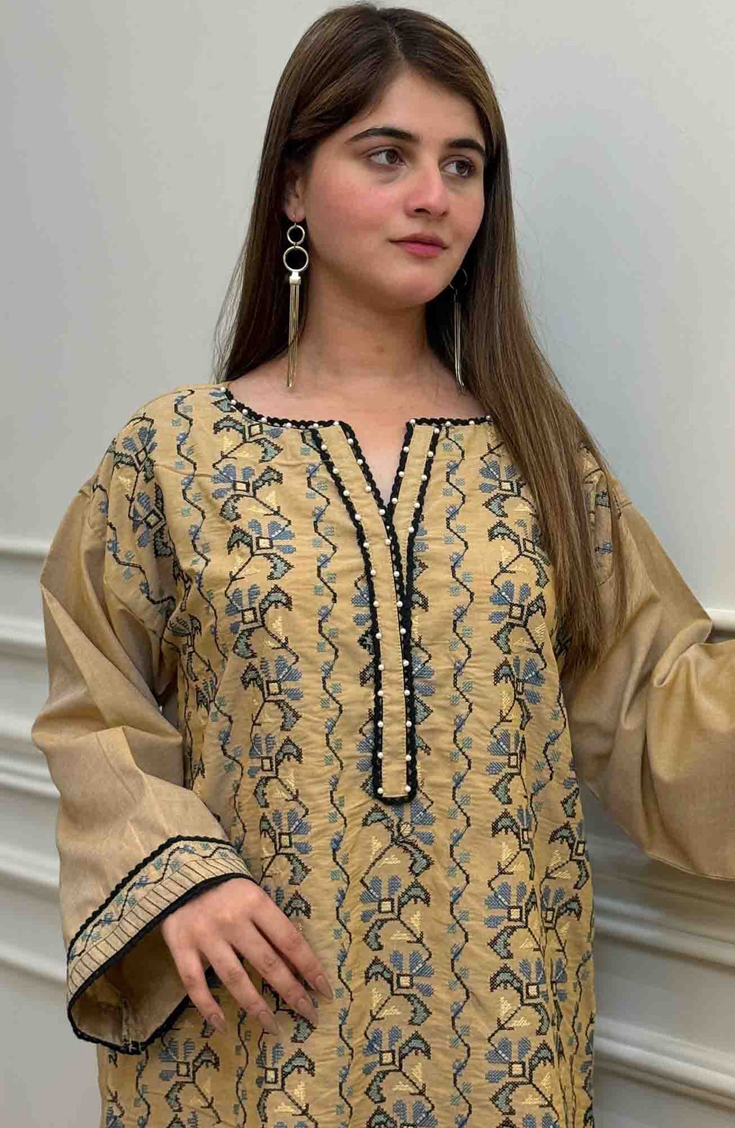 Ayla Studio Co-ords Chambray Stitched 2 Piece - Taskeen - AS25CO - Peach - Casual Collection