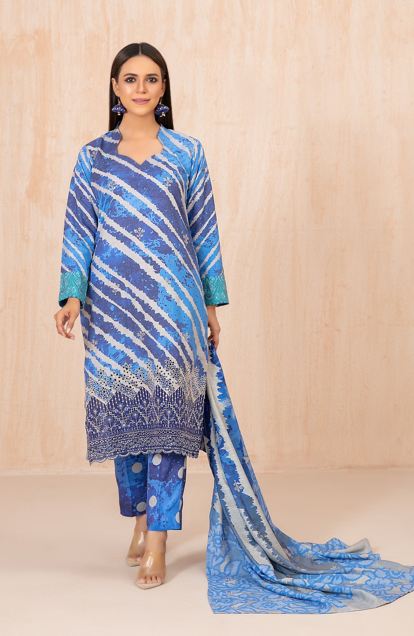 Azeena by Tawakkal Fabrics Embroidered Staple Slub Unstitched 3 Piece Suit - D-5622 - TF25AZN - Blue - Winter Collection