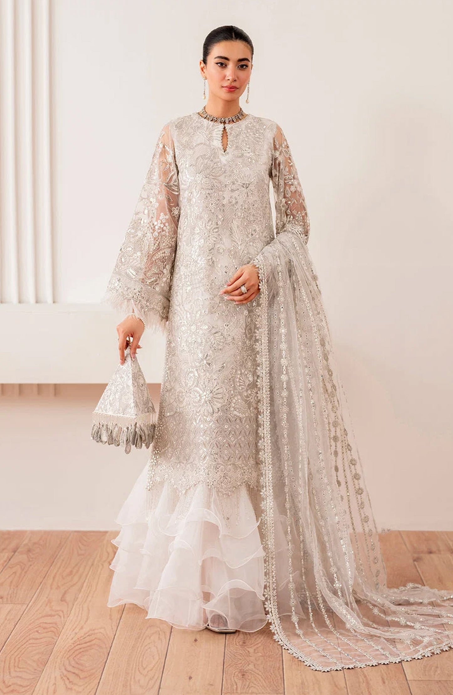Baroque Chantelle Embroidered Net Unstitched 3 Piece Suit - UF-703 - BQ25CHN - Silver - Formal Collection