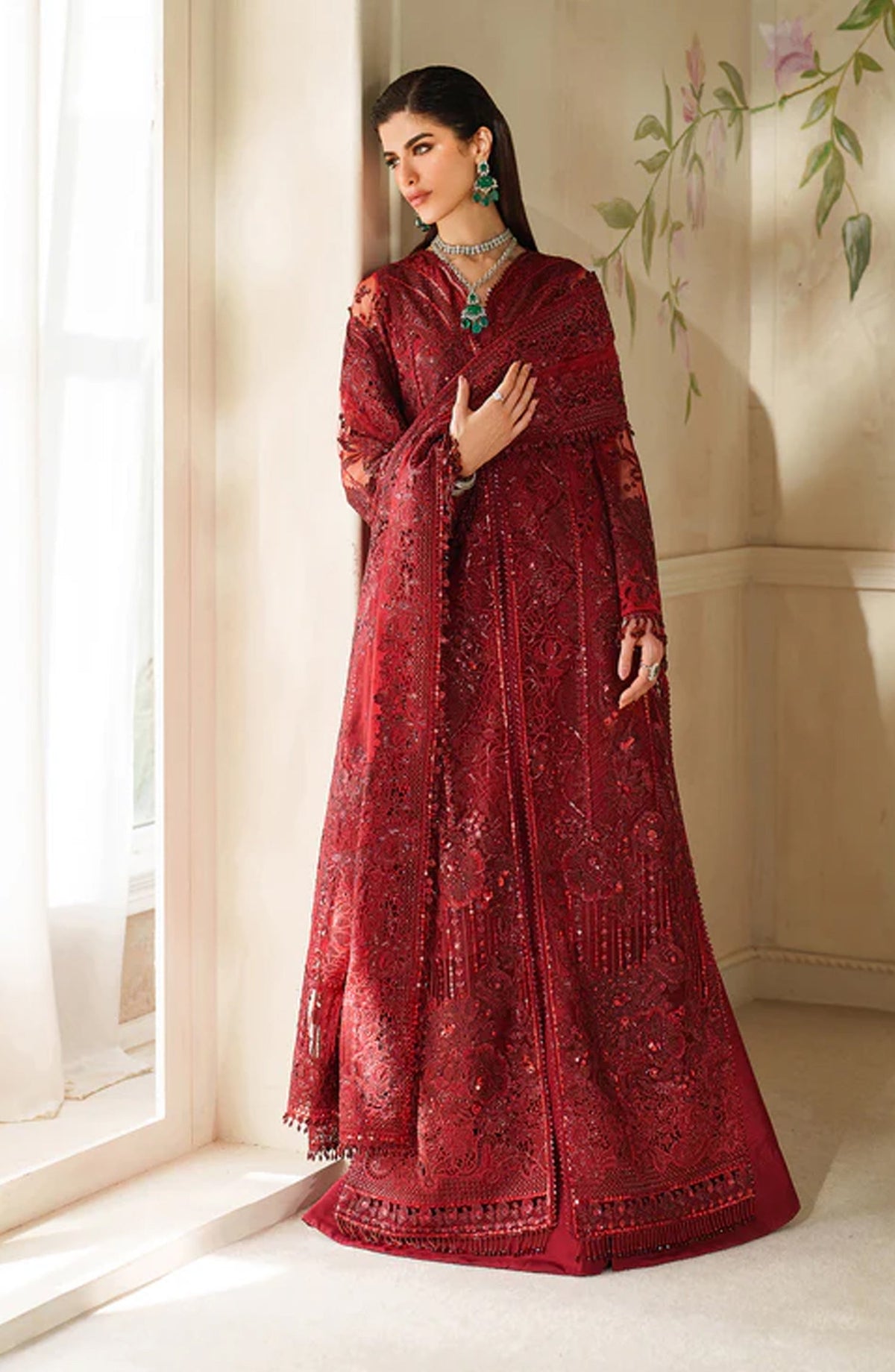 Baroque Chantelle Embroidered Net Unstitched 3 Piece Suit - V14-D01 - BQ25CHN - Red - Formal Collection