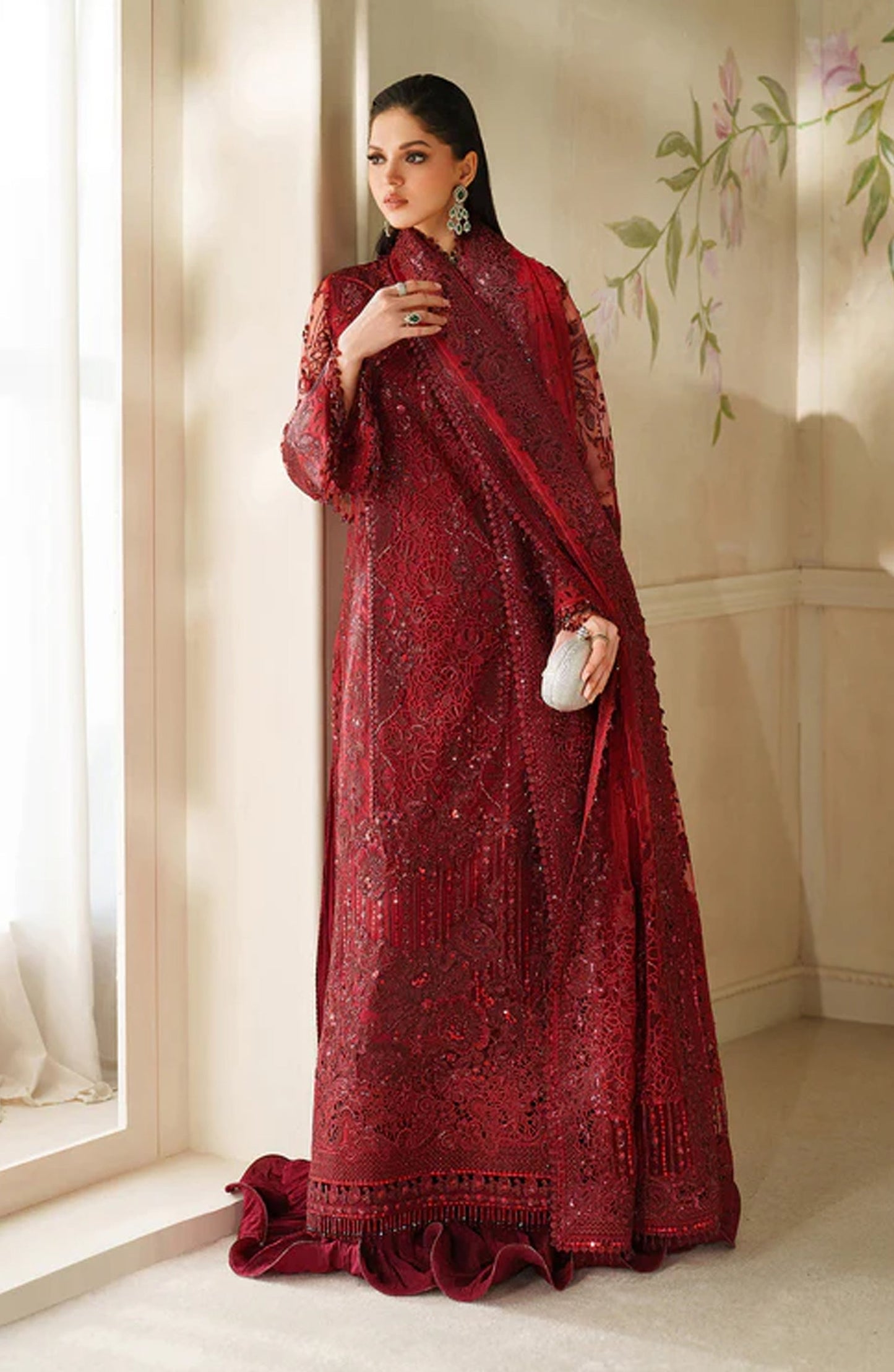 Baroque Chantelle Embroidered Net Unstitched 3 Piece Suit - V14-D01 - BQ25CHN - Red - Formal Collection