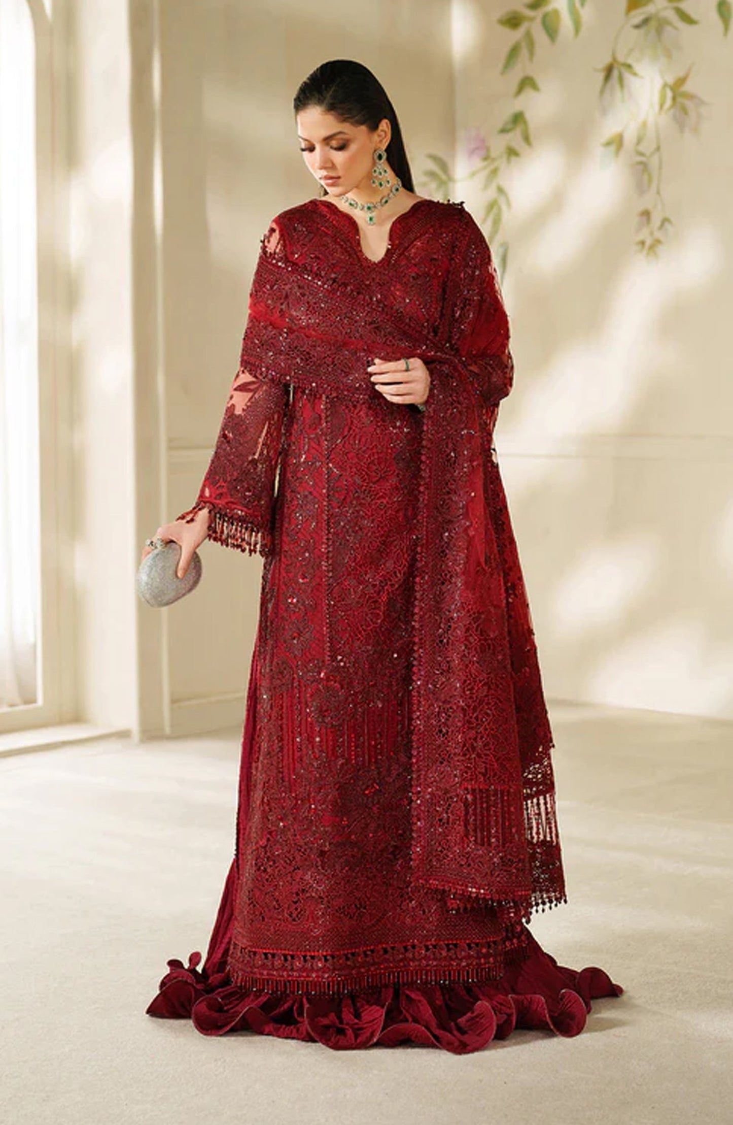 Baroque Chantelle Embroidered Net Unstitched 3 Piece Suit - V14-D01 - BQ25CHN - Red - Formal Collection