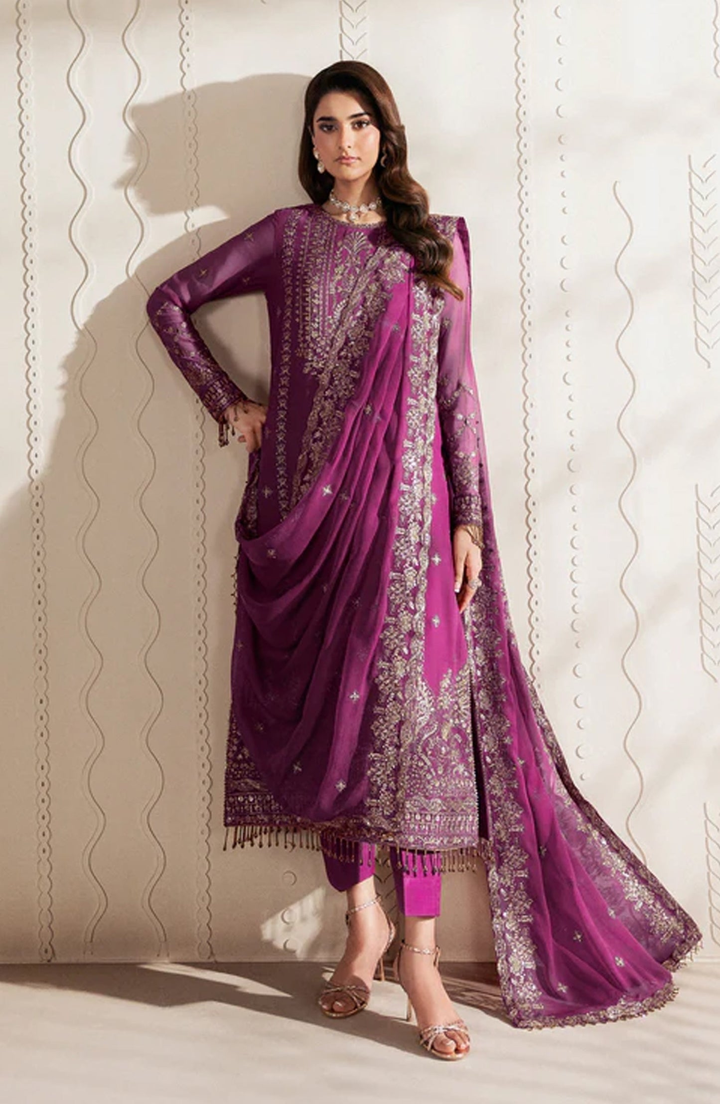 Bayaan by Zarif Embroidered Chiffon Unstitched 3 Piece Suit - 08 Swabi - ZRF26BYN - Pink - Festive Collection