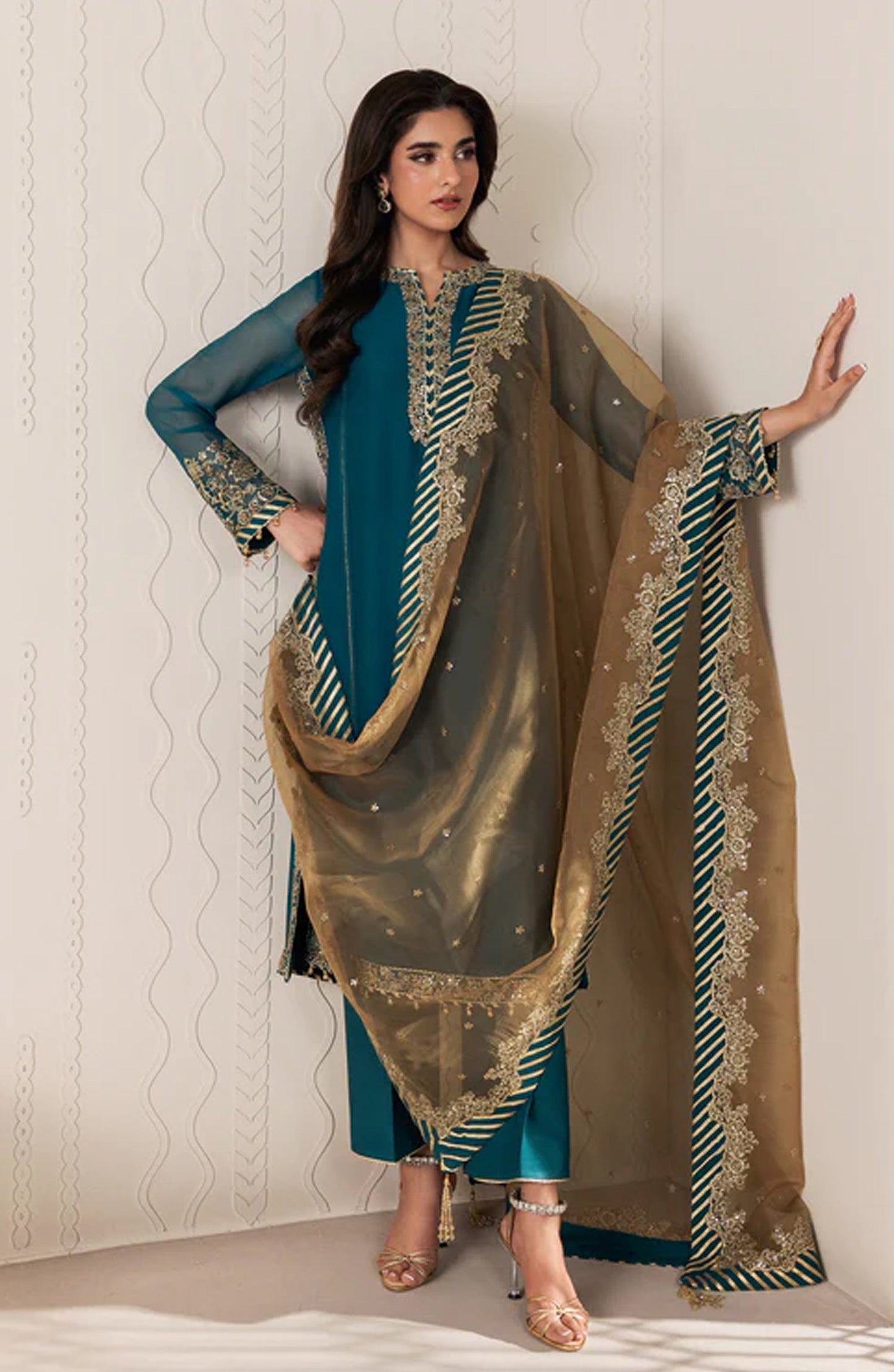 Bayaan by Zarif Embroidered Chiffon Unstitched 3 Piece Suit - 06 Jheel - ZRF26BYN - Ferozi - Festive Collection