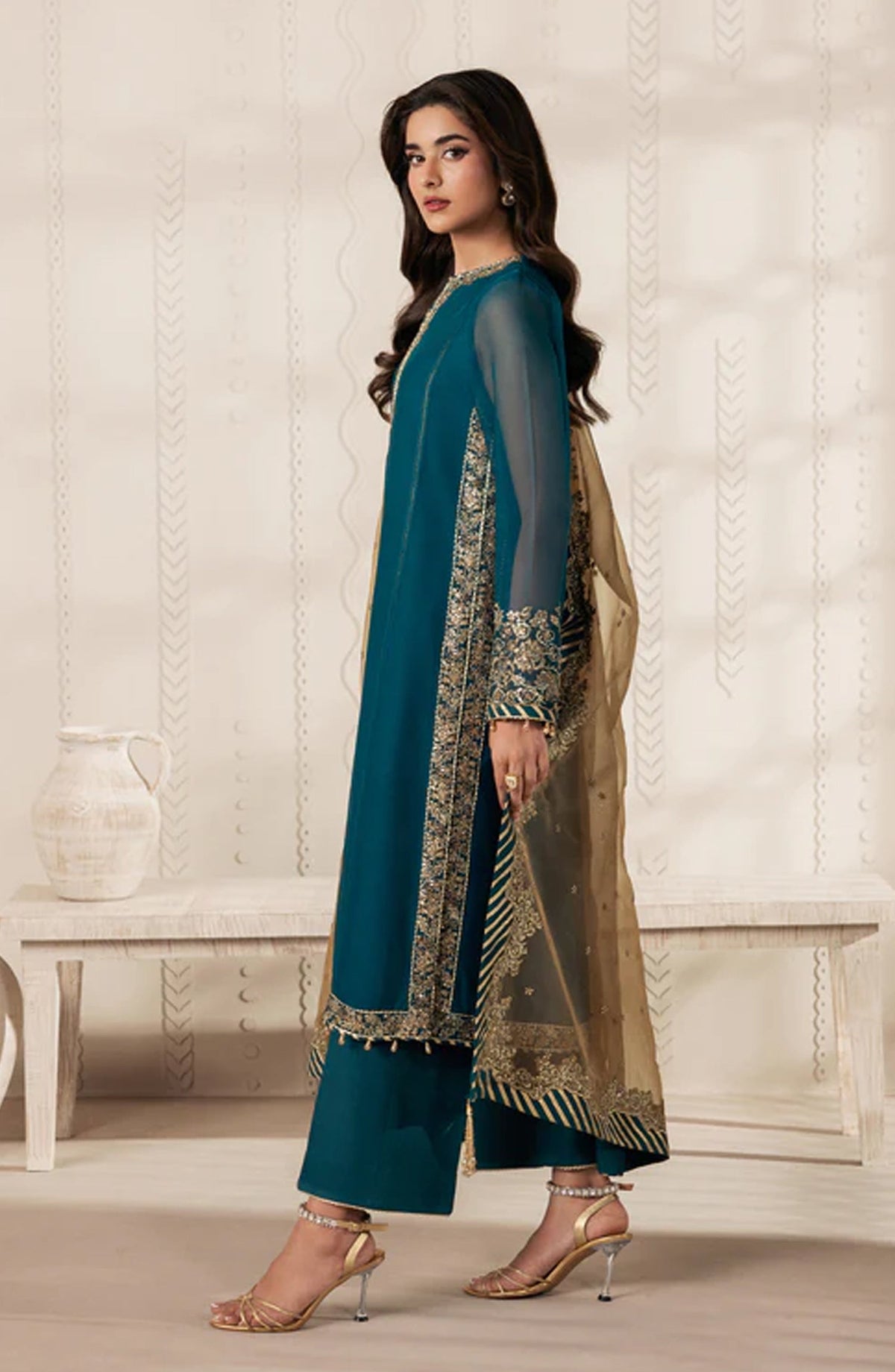 Bayaan by Zarif Embroidered Chiffon Unstitched 3 Piece Suit - 06 Jheel - ZRF26BYN - Ferozi - Festive Collection