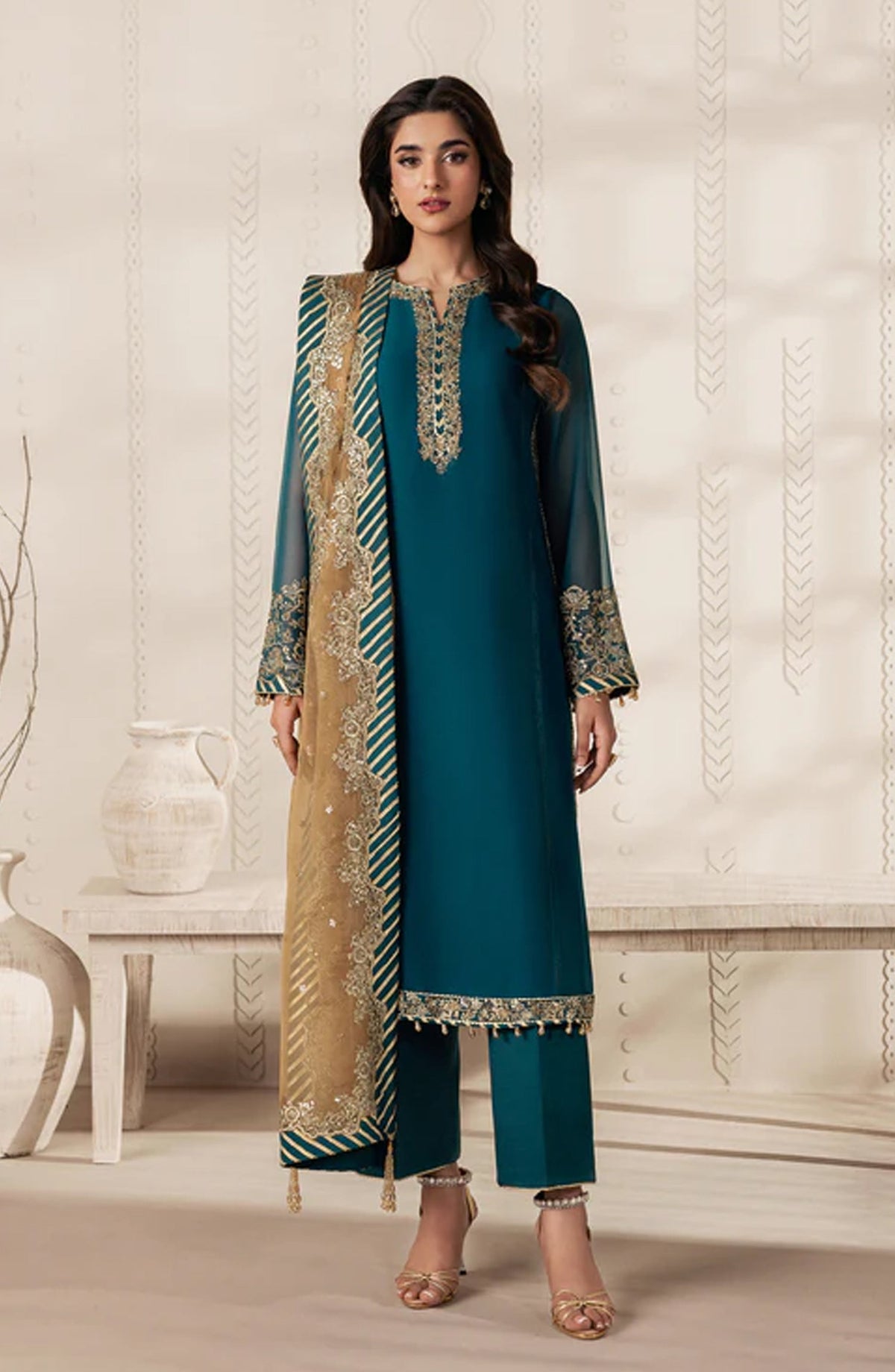 Bayaan by Zarif Embroidered Chiffon Unstitched 3 Piece Suit - 06 Jheel - ZRF26BYN - Ferozi - Festive Collection