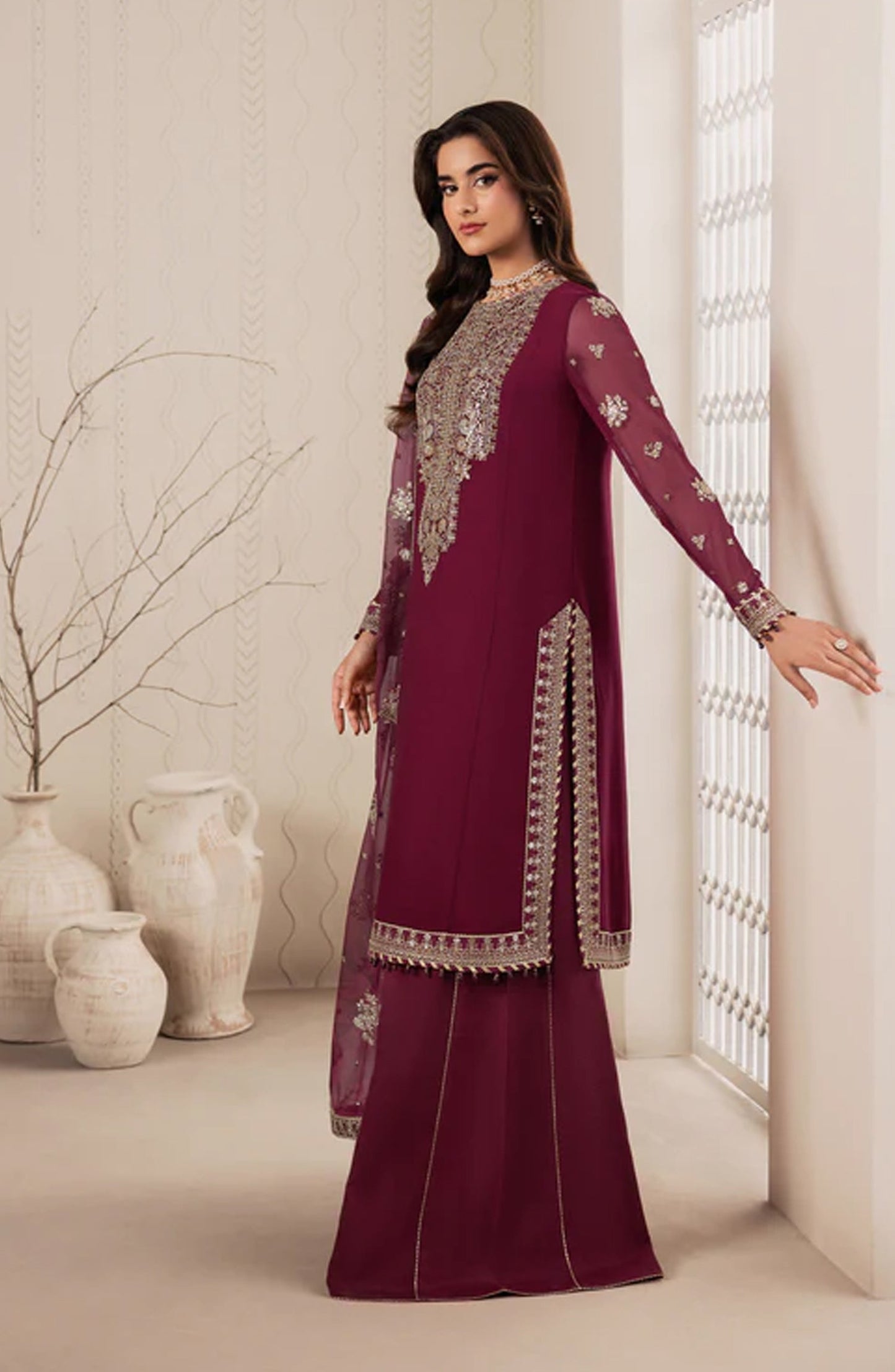 Bayaan by Zarif Embroidered Chiffon Unstitched 3 Piece Suit - 04 Nidah - ZRF26BYN - Pink - Festive Collection