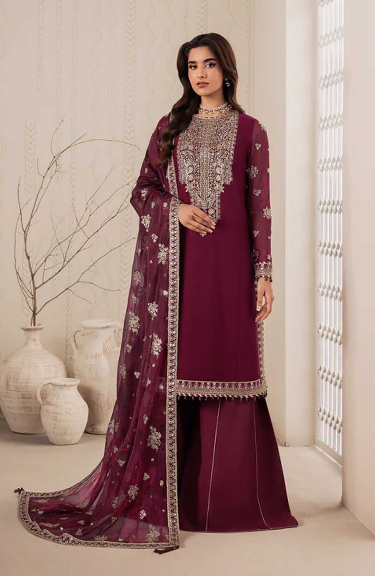 Bayaan by Zarif Embroidered Chiffon Unstitched 3 Piece Suit - 04 Nidah - ZRF26BYN - Pink - Festive Collection
