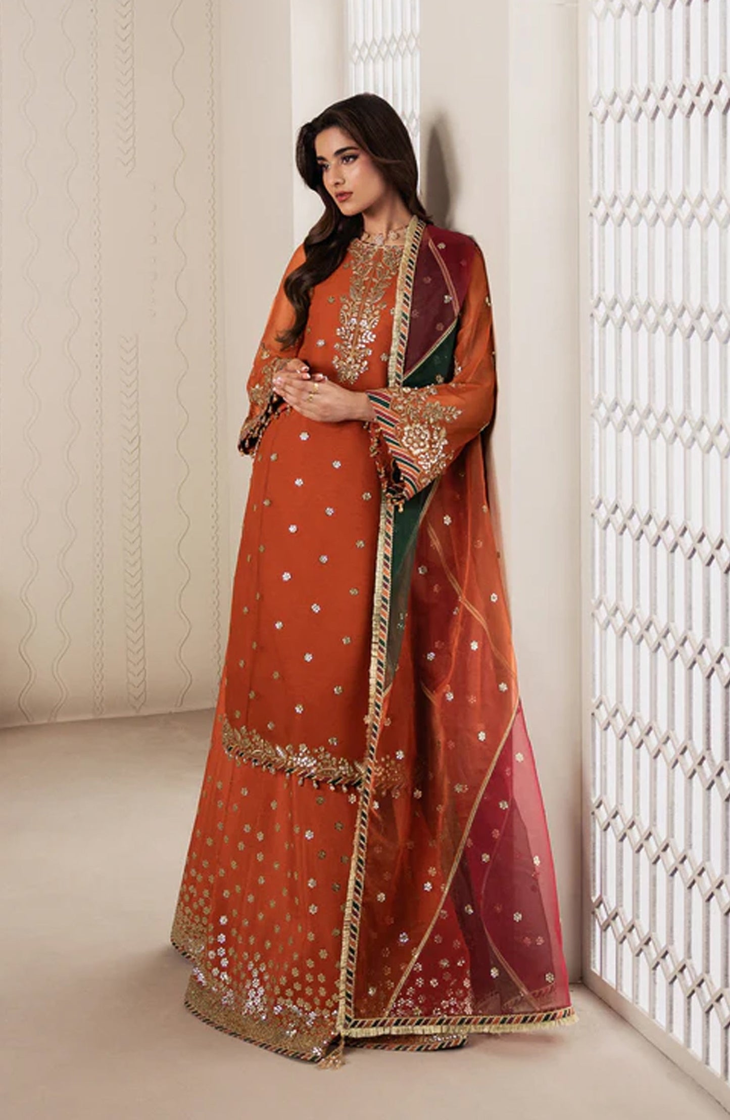Bayaan by Zarif Embroidered Chiffon Unstitched 3 Piece Suit - 02 Sunoor - ZRF26BYN - Orange - Festive Collection