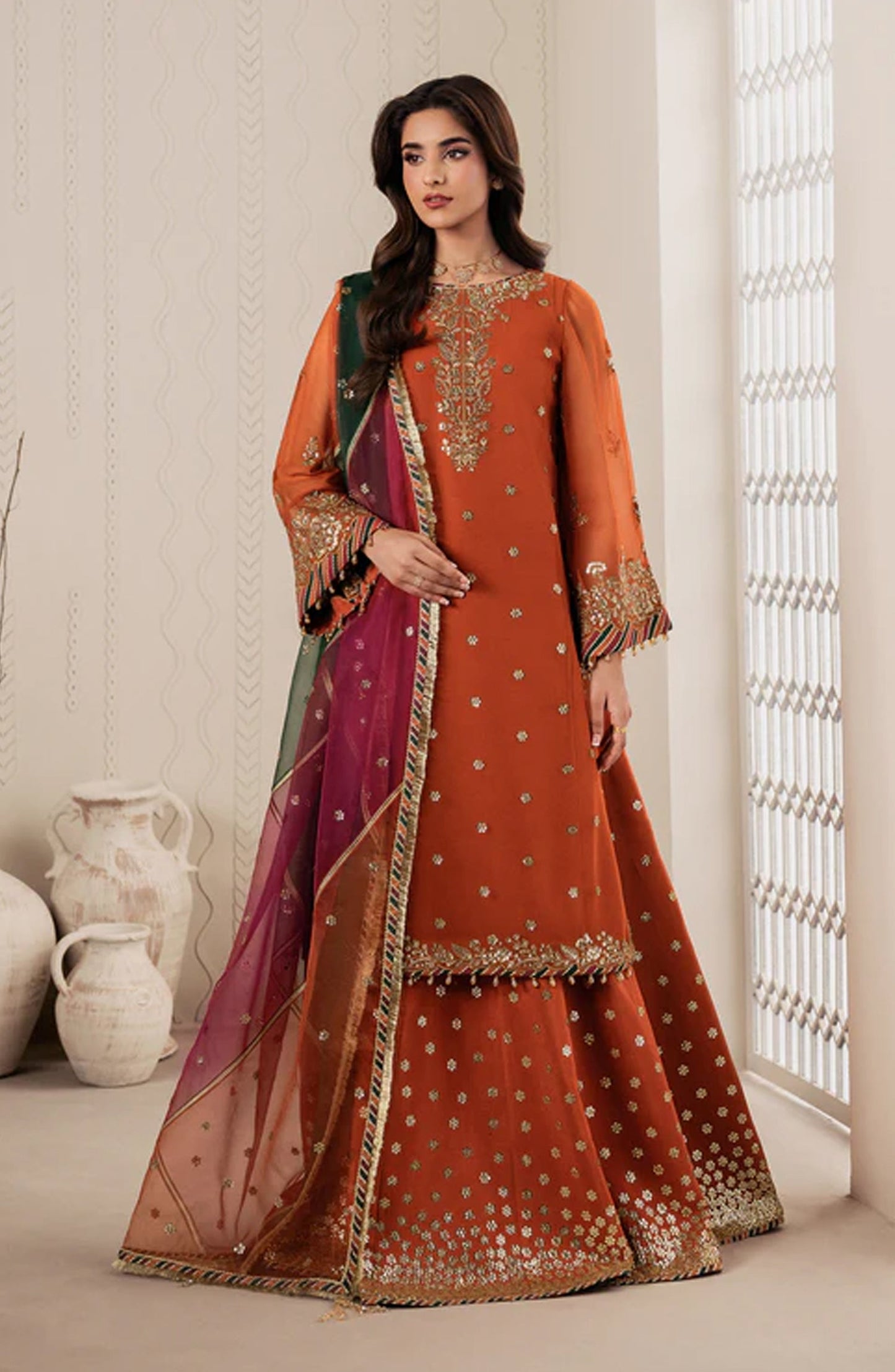 Bayaan by Zarif Embroidered Chiffon Unstitched 3 Piece Suit - 02 Sunoor - ZRF26BYN - Orange - Festive Collection
