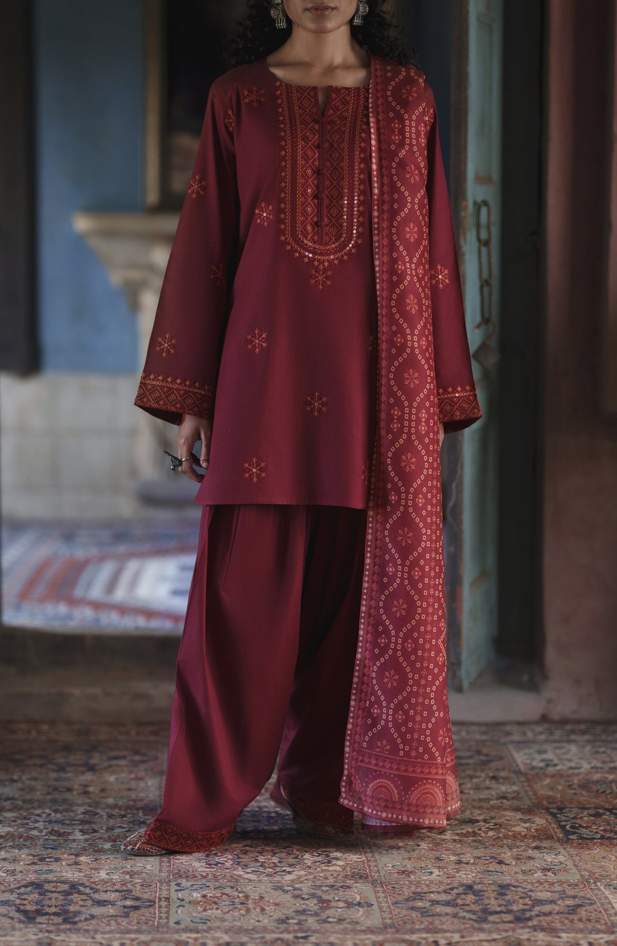 Before Sunset by Casual Lite Embroidered Cotton Lawn Stitched 3 Piece Suit - Crimson Serenity - CL26BSNT - Maroon - Summer Collection
