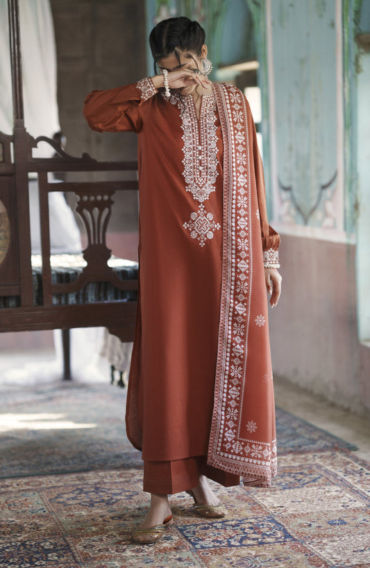 Before Sunset by Casual Lite Embroidered Cotton Lawn Stitched 3 Piece Suit - Summer Serenade - CL26BSNT - Rust - Summer Collection
