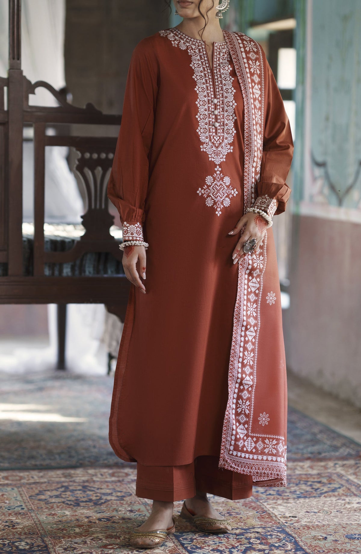Before Sunset by Casual Lite Embroidered Cotton Lawn Stitched 3 Piece Suit - Summer Serenade - CL26BSNT - Rust - Summer Collection