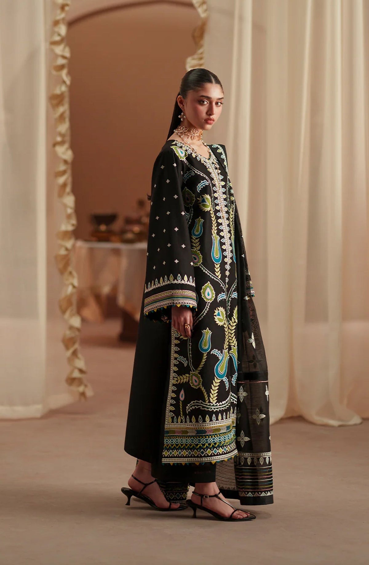 Bin Ilyas Mashriq Luxury Embroidered Lawn Unstitched 3 Piece Suit - D-118-B - BL26MQR - Black - Summer Collection
