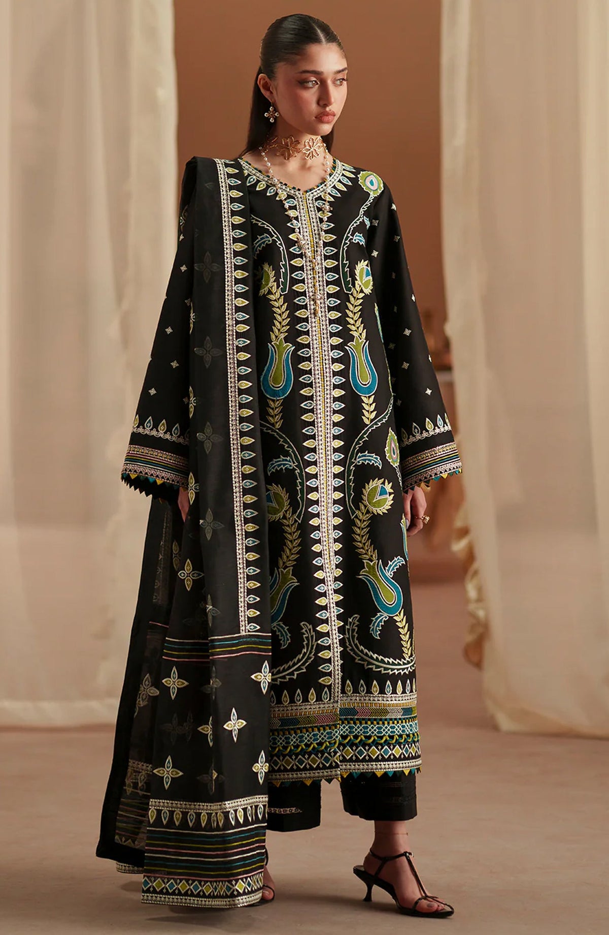 Bin Ilyas Mashriq Luxury Embroidered Lawn Unstitched 3 Piece Suit - D-118-B - BL26MQR - Black - Summer Collection