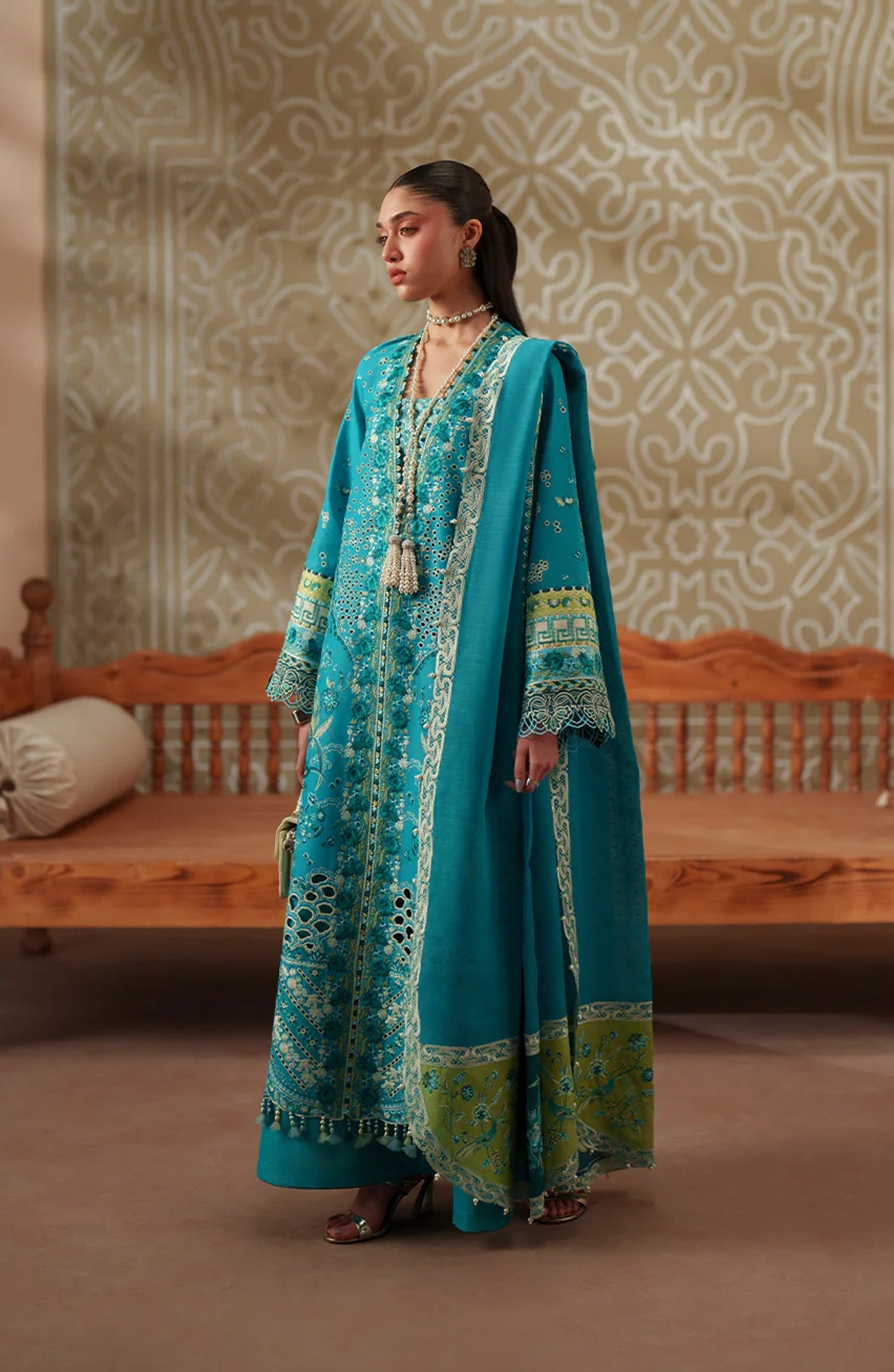 Bin Ilyas Mashriq Luxury Embroidered Lawn Unstitched 3 Piece Suit - D-116-B - BL26MQR - Ferozi - Summer Collection