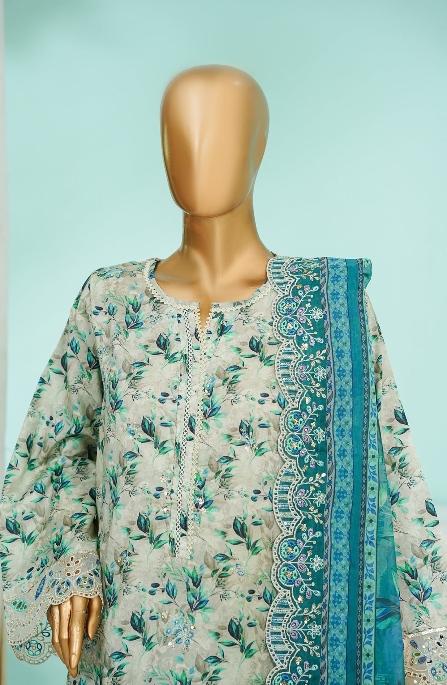 Bin Saeed Chikankari & Appliquekari Stitched 3 Piece Suit - D-03 - BS26QKI - Teal - Festive Collection