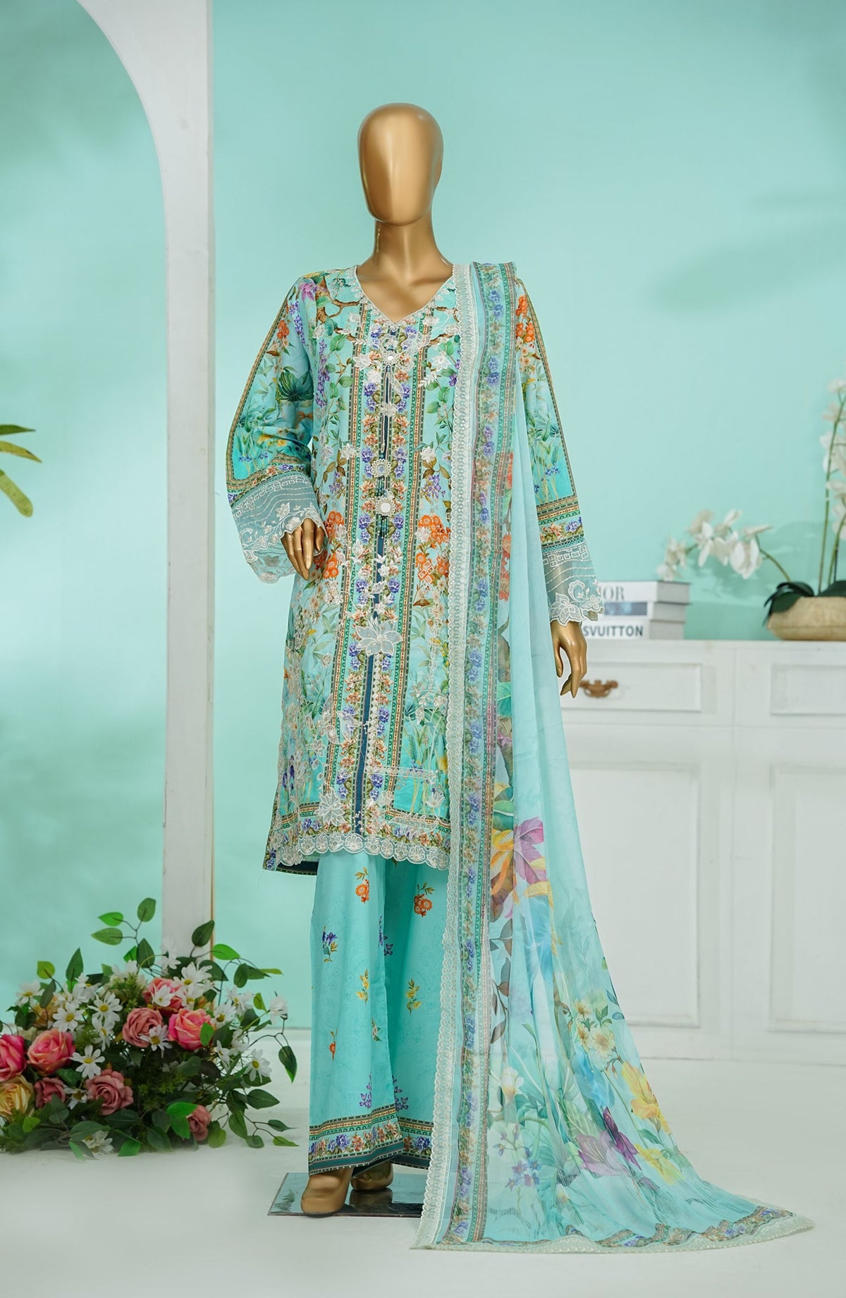 Bin Saeed Chikankari & Appliquekari Stitched 3 Piece Suit - D-01 - BS26QKI - Sea Green - Festive Collection