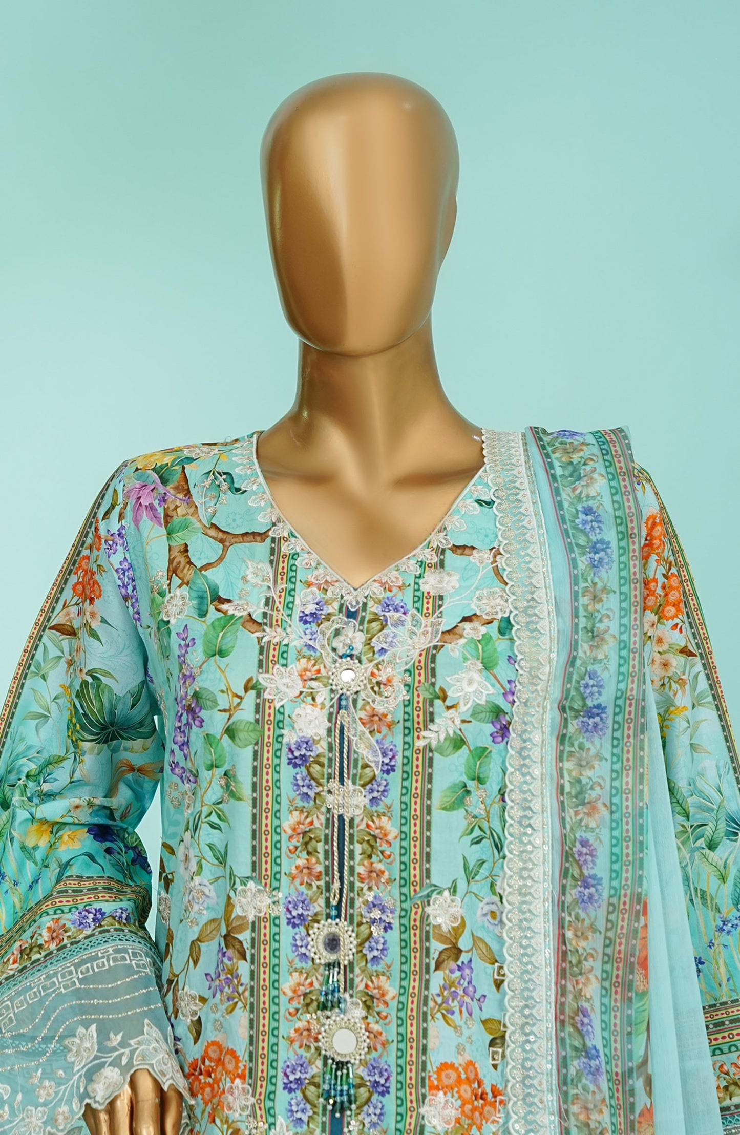 Bin Saeed Chikankari & Appliquekari Stitched 3 Piece Suit - D-01 - BS26QKI - Sea Green - Festive Collection