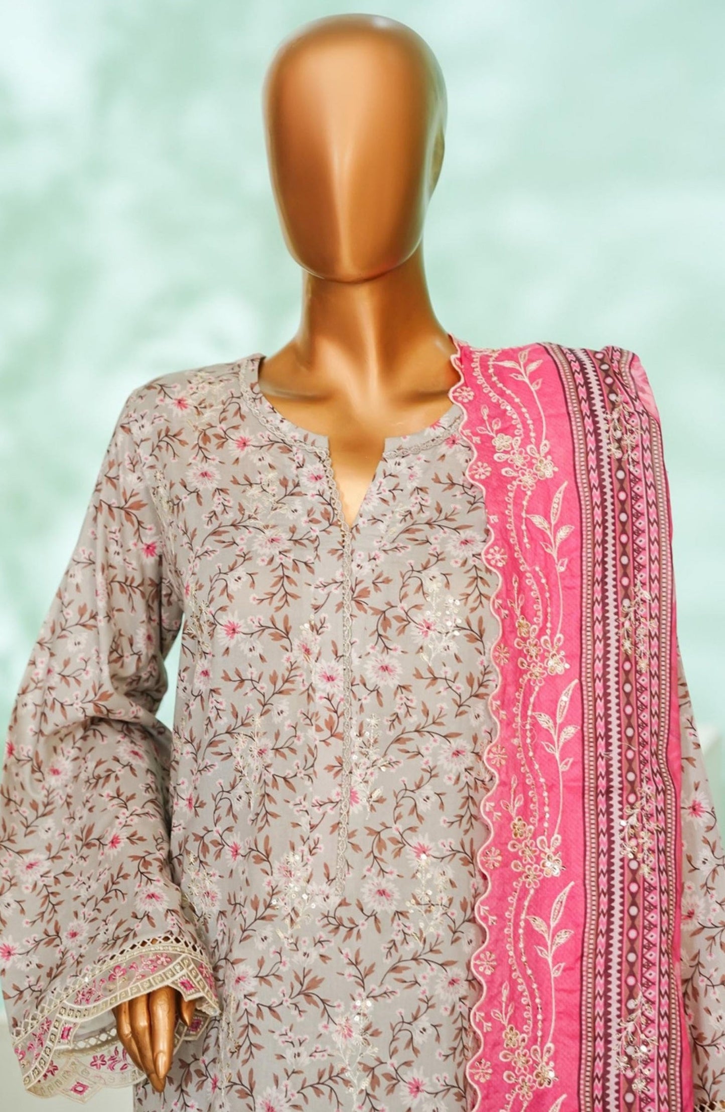 Bin Saeed Luxury Embroidered Stitched 3 Piece Suit - D-03 - BS26AQ - Pink - Laserkari Collection