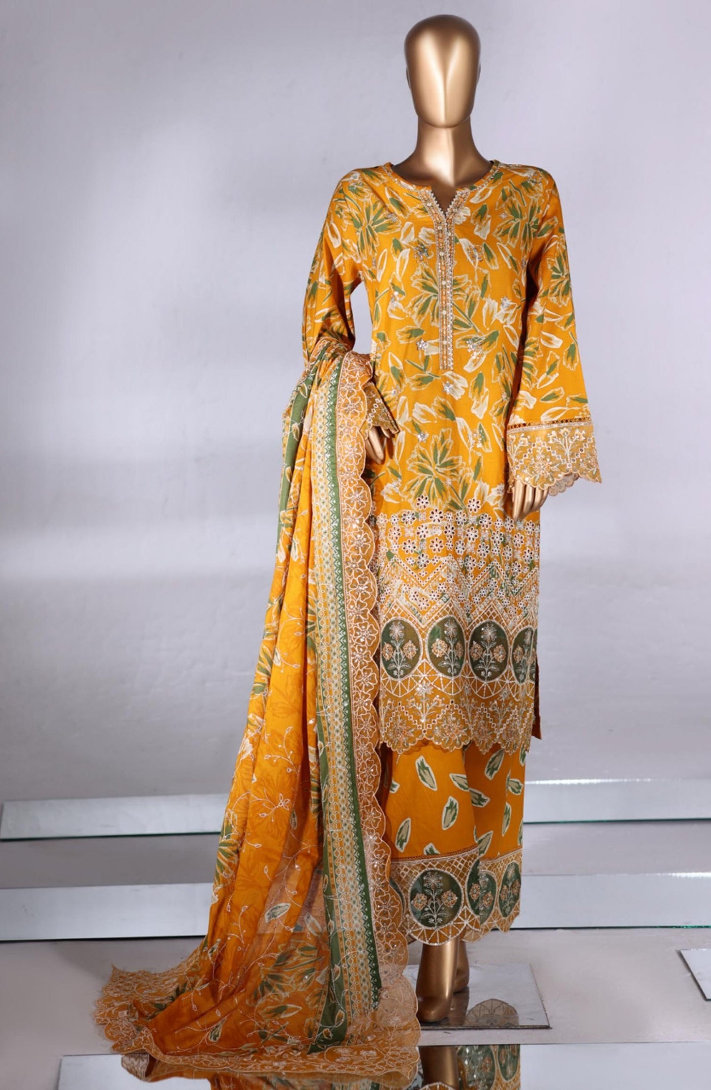 Bin Saeed Luxury Embroidered Lawn Stitched 3 Piece Suit - D-02 - BS26MTF - Yellow - Festive Collection