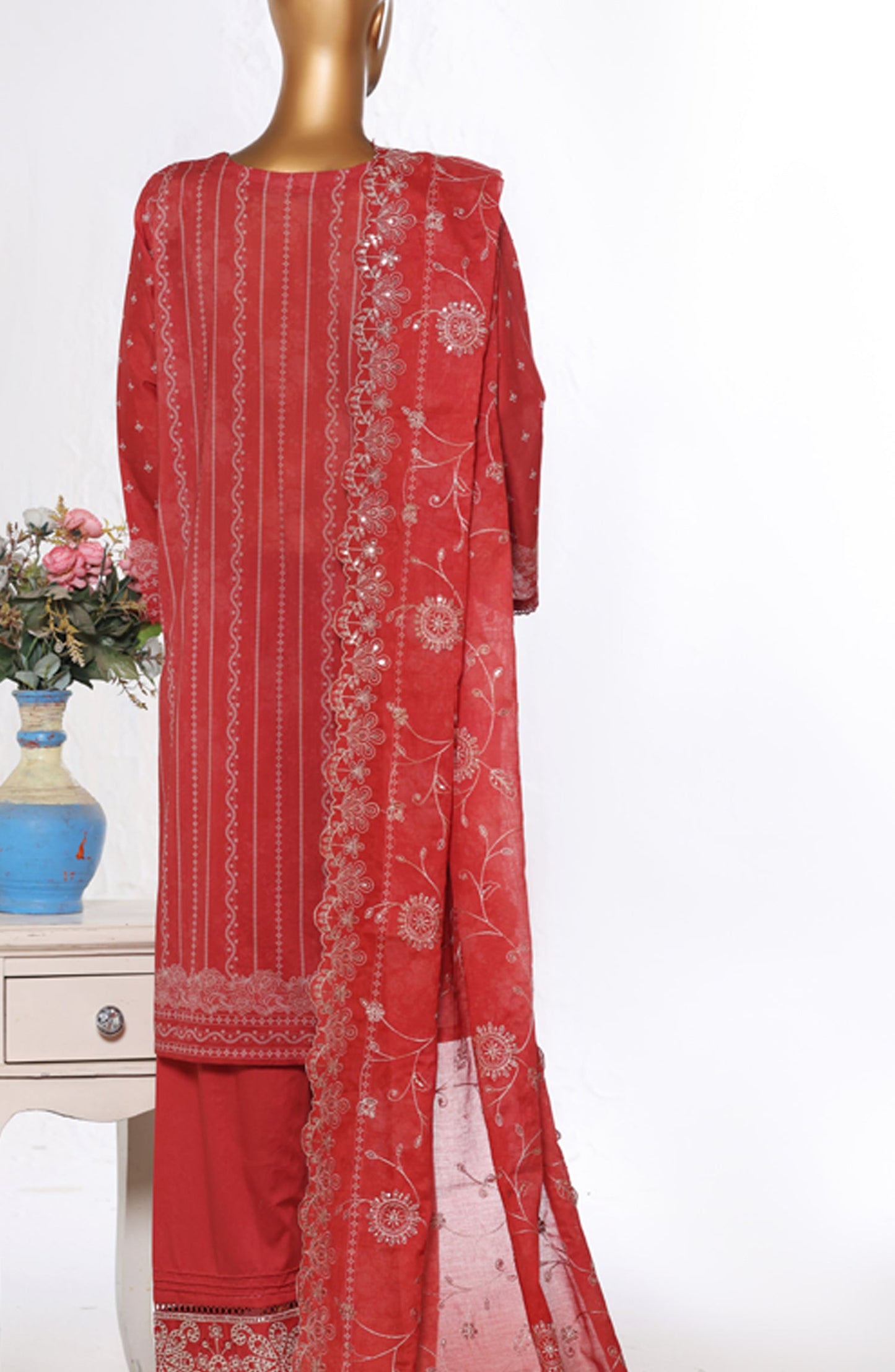 Bin Saeed Luxury Embroidered Cotton Stitched 3 Piece Suit - Design-21 - BS26LUX - Red - Mid Summer Collection