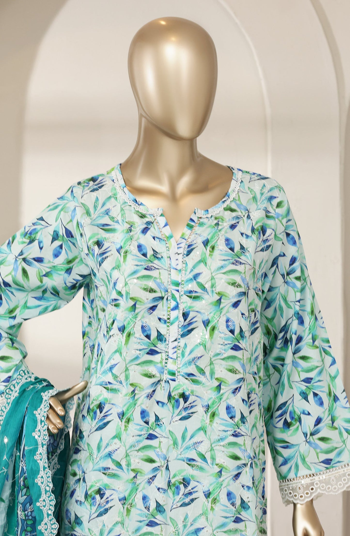 Bin Saeed Luxury Embroidered Lawn Stitched 3 Piece Suit - D-05 - BS26LES - Ferozi - Summer Collection
