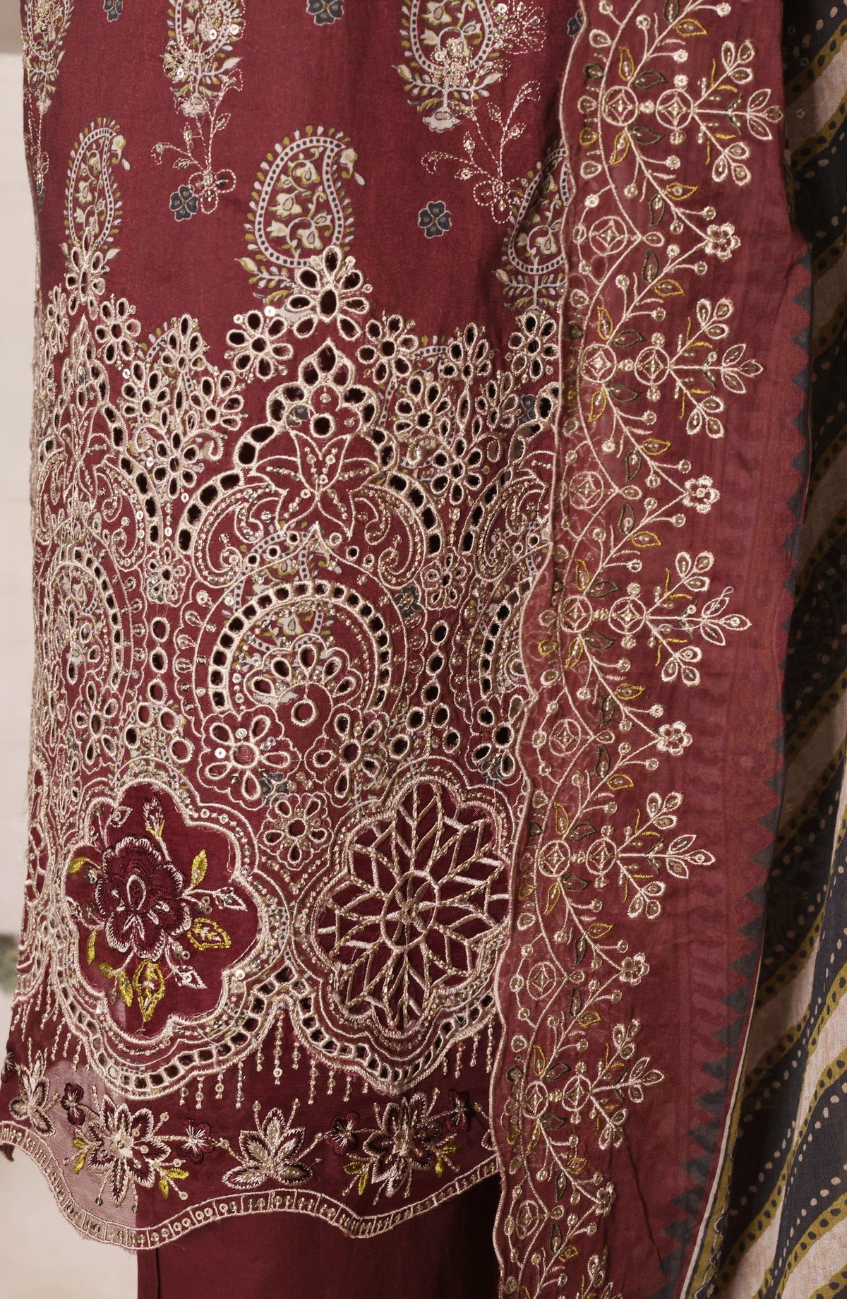Bin Saeed Luxury Laserkari Lawn Stitched 3 Piece Suit - D-08 - BS26KRL - Maroon - Summer Collection