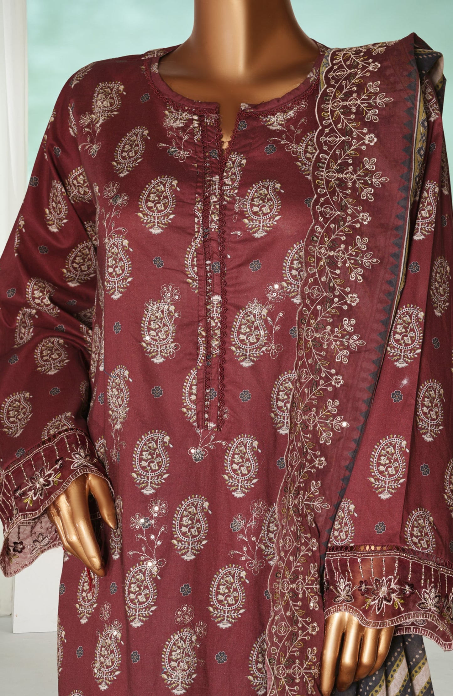 Bin Saeed Luxury Laserkari Lawn Stitched 3 Piece Suit - D-08 - BS26KRL - Maroon - Summer Collection