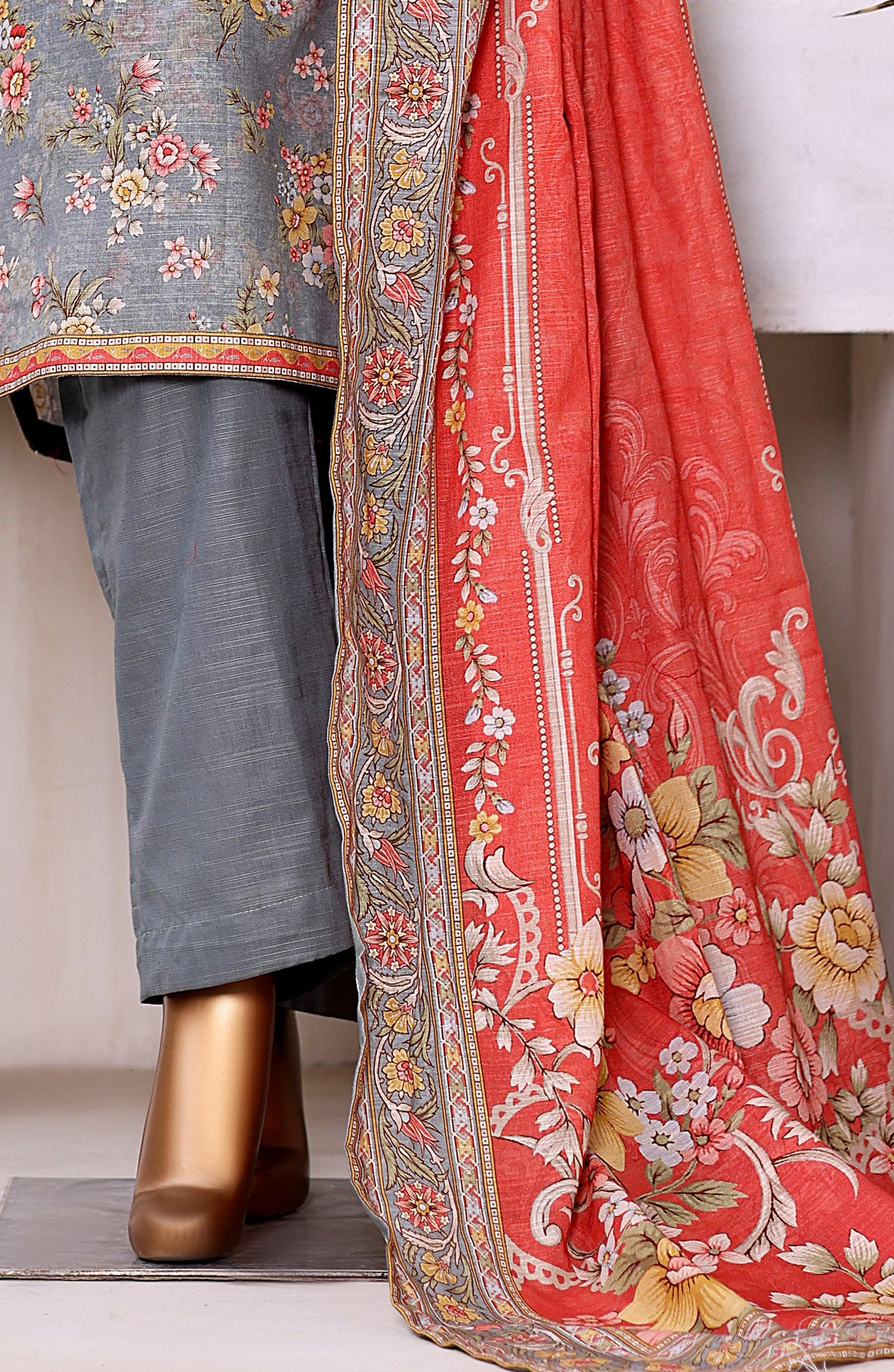 Bin Saeed Printed Khaddar Stitched 3 Piece Suit - Design-01 - BS25PKD - Grey - Winter Collection