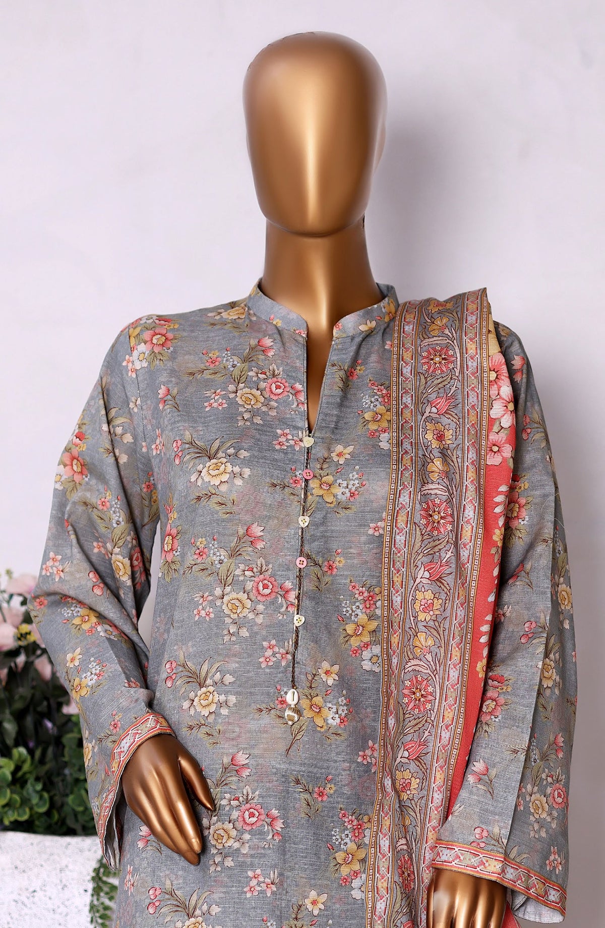 Bin Saeed Printed Khaddar Stitched 3 Piece Suit - Design-01 - BS25PKD - Grey - Winter Collection