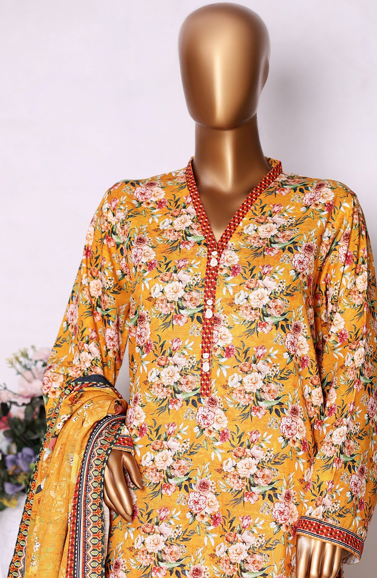 Bin Saeed Printed Khaddar Stitched 3 Piece Suit - Design-07 - BS25PKD - Yellow - Winter Collection