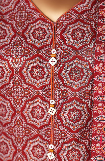 Bin Saeed Printed Khaddar Stitched 3 Piece Suit - Design-08 - BS25PKD - Red - Winter Collection