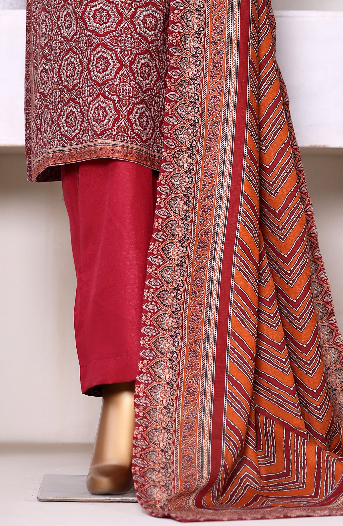 Bin Saeed Printed Khaddar Stitched 3 Piece Suit - Design-08 - BS25PKD - Red - Winter Collection