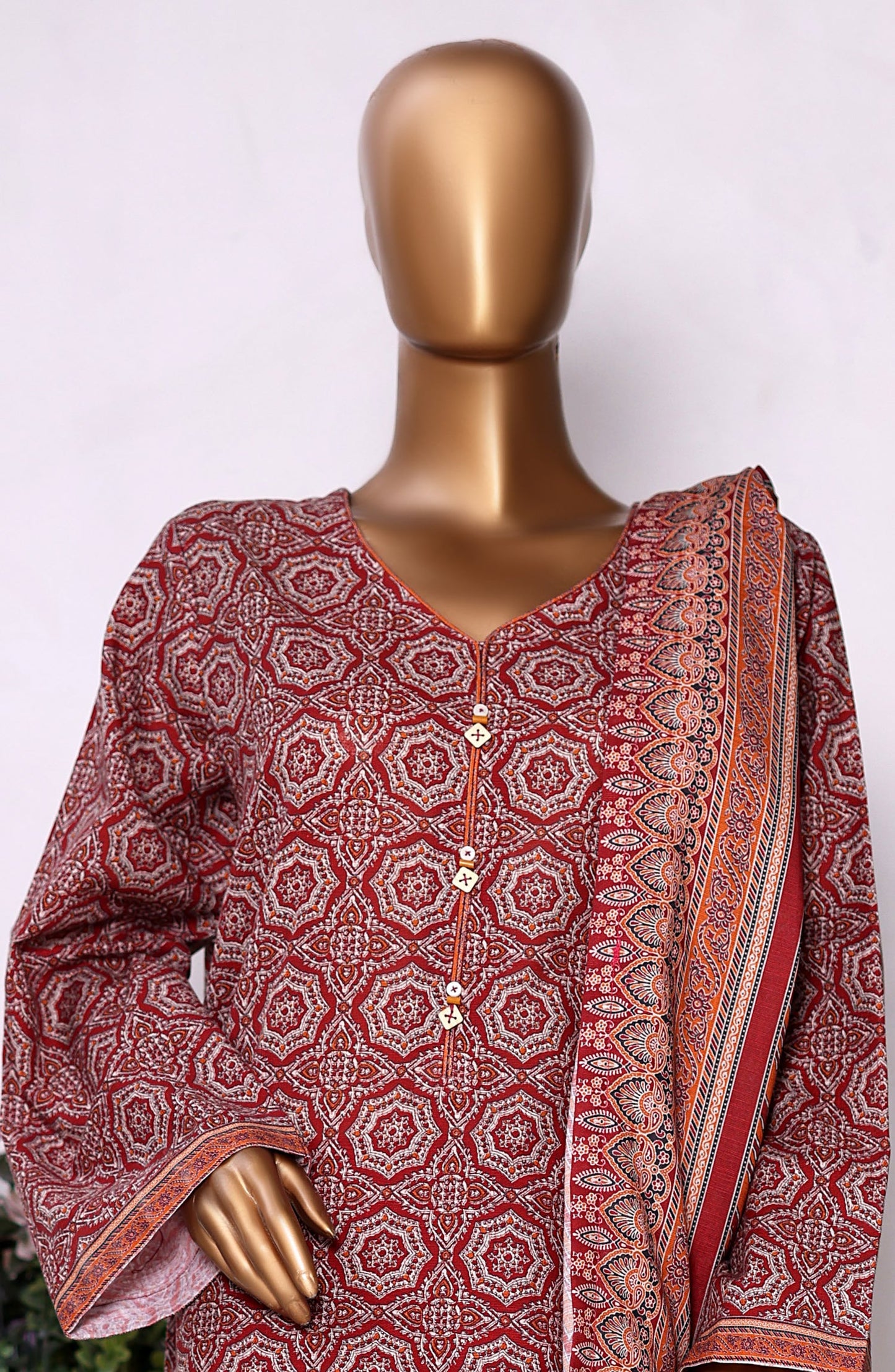 Bin Saeed Printed Khaddar Stitched 3 Piece Suit - Design-08 - BS25PKD - Red - Winter Collection
