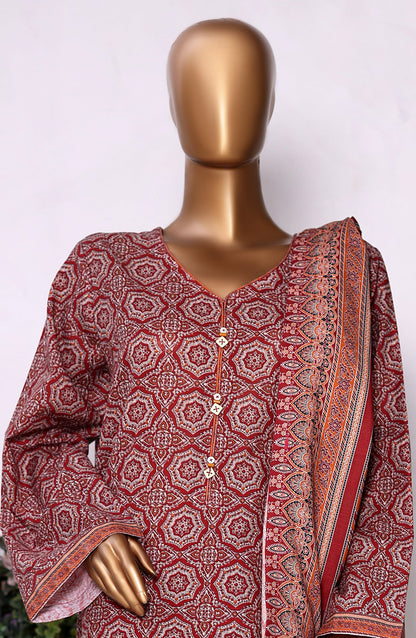 Bin Saeed Printed Khaddar Stitched 3 Piece Suit - Design-08 - BS25PKD - Red - Winter Collection