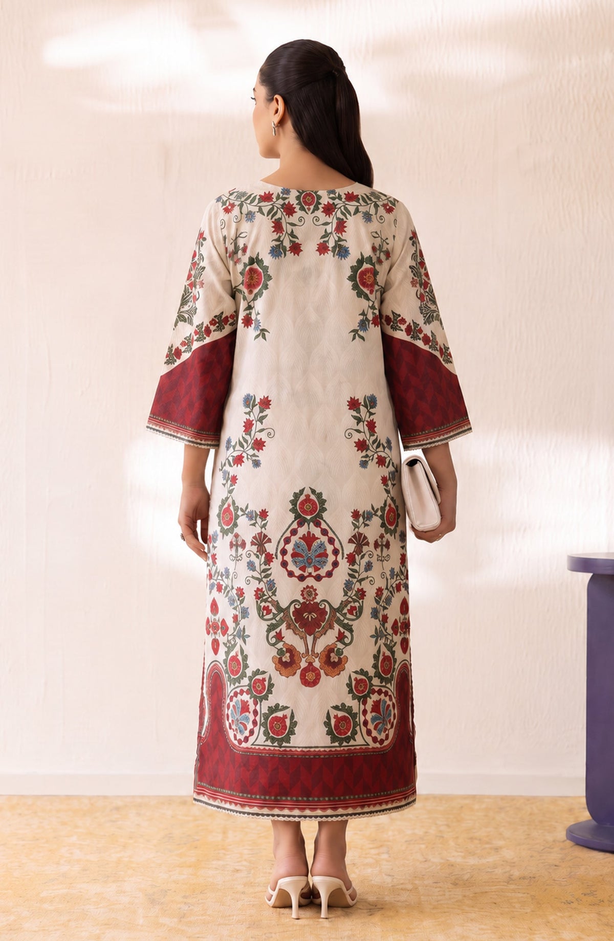 Boho by Amna Khadija Printed D Crepe Stitched Kaftan - AKPB-01 - AM26BOH - Cream - Summer Collection