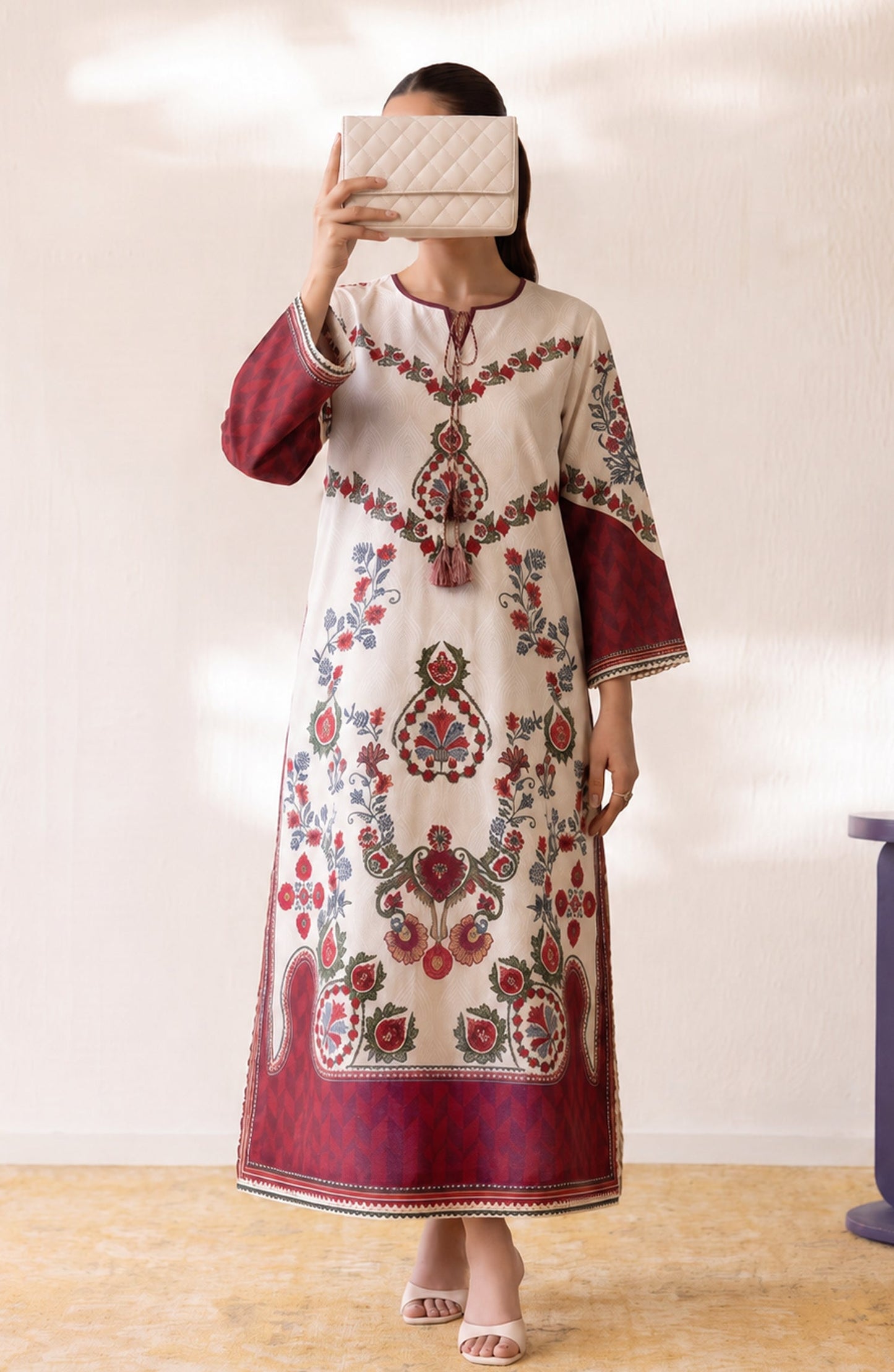 Boho by Amna Khadija Printed D Crepe Stitched Kaftan - AKPB-01 - AM26BOH - Cream - Summer Collection