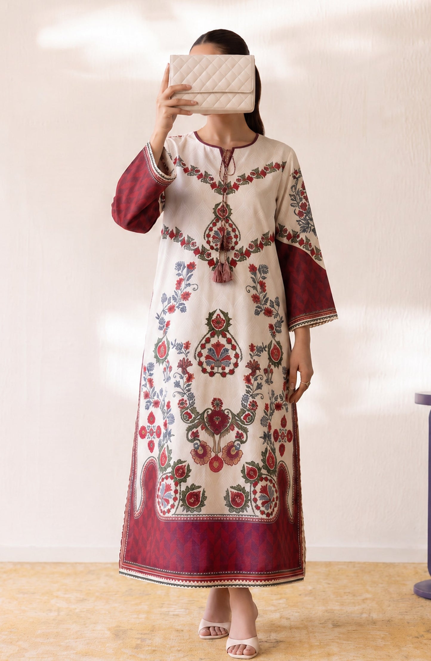 Boho by Amna Khadija Printed D Crepe Stitched Kaftan - AKPB-01 - AM26BOH - Cream - Summer Collection