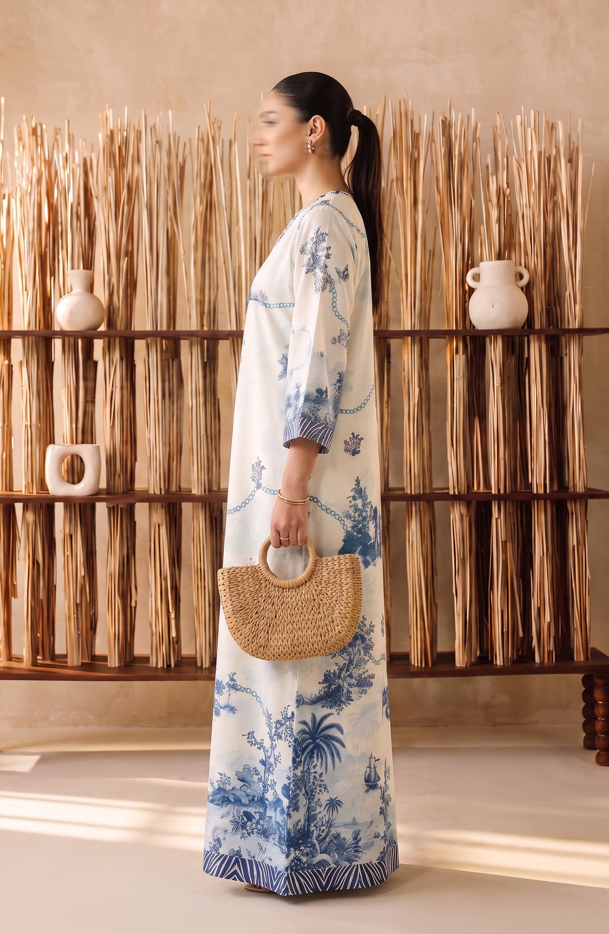 Boho by Amna Khadija Printed D Crepe Stitched Kaftan - AKPB-05 - AM26BOH - White - Summer Collection