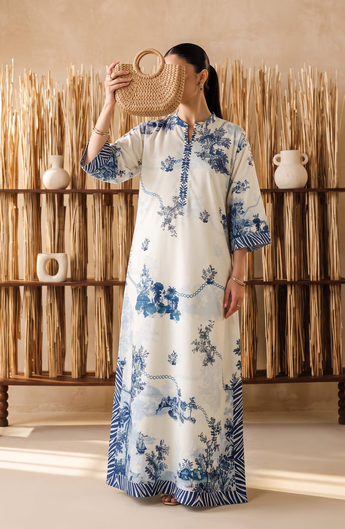 Boho by Amna Khadija Printed D Crepe Stitched Kaftan - AKPB-05 - AM26BOH - White - Summer Collection