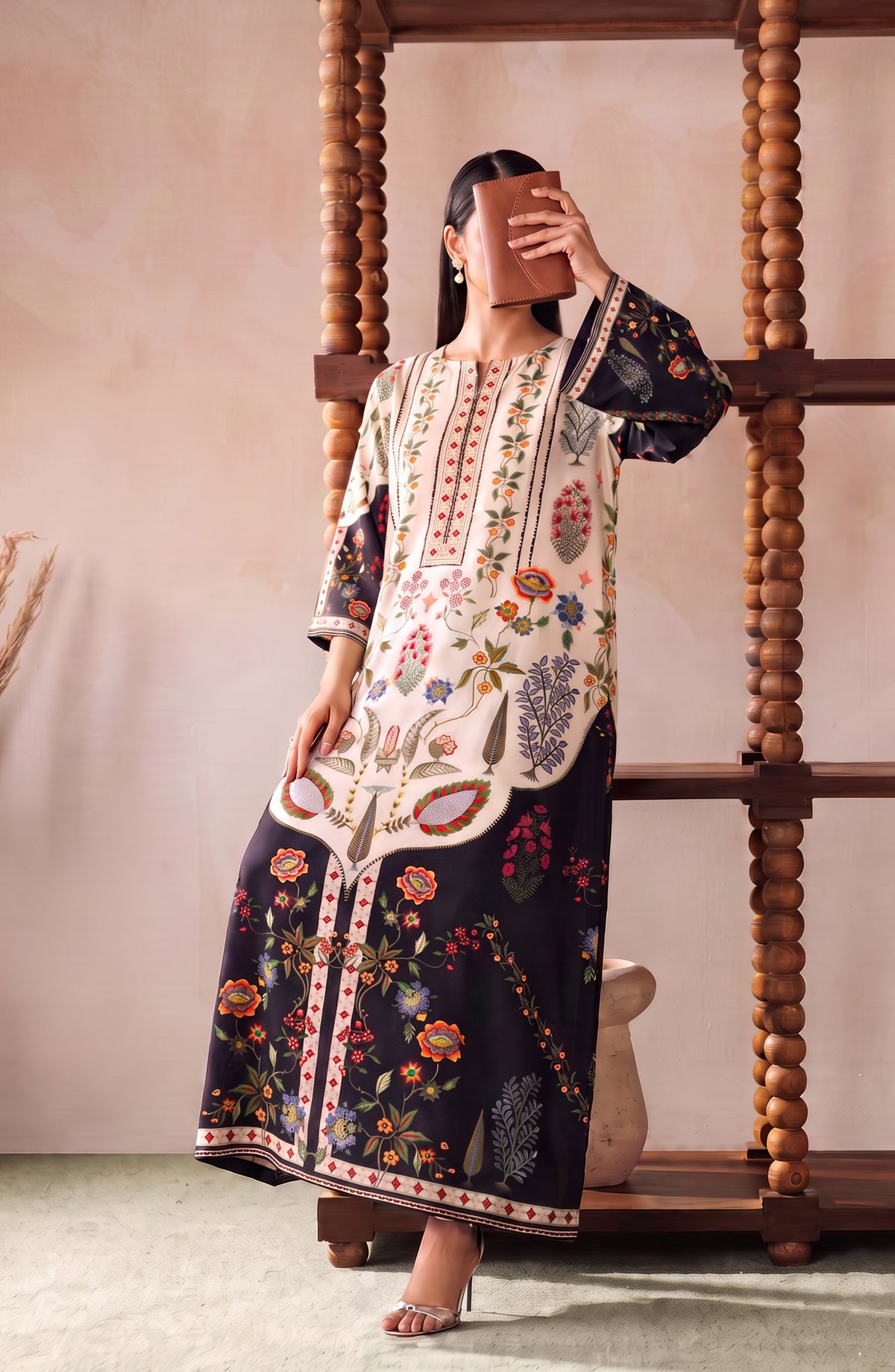 Boho by Amna Khadija Printed D Crepe Stitched Kaftan - AKPB-06 - AM26BOH - Black White - Summer Collection