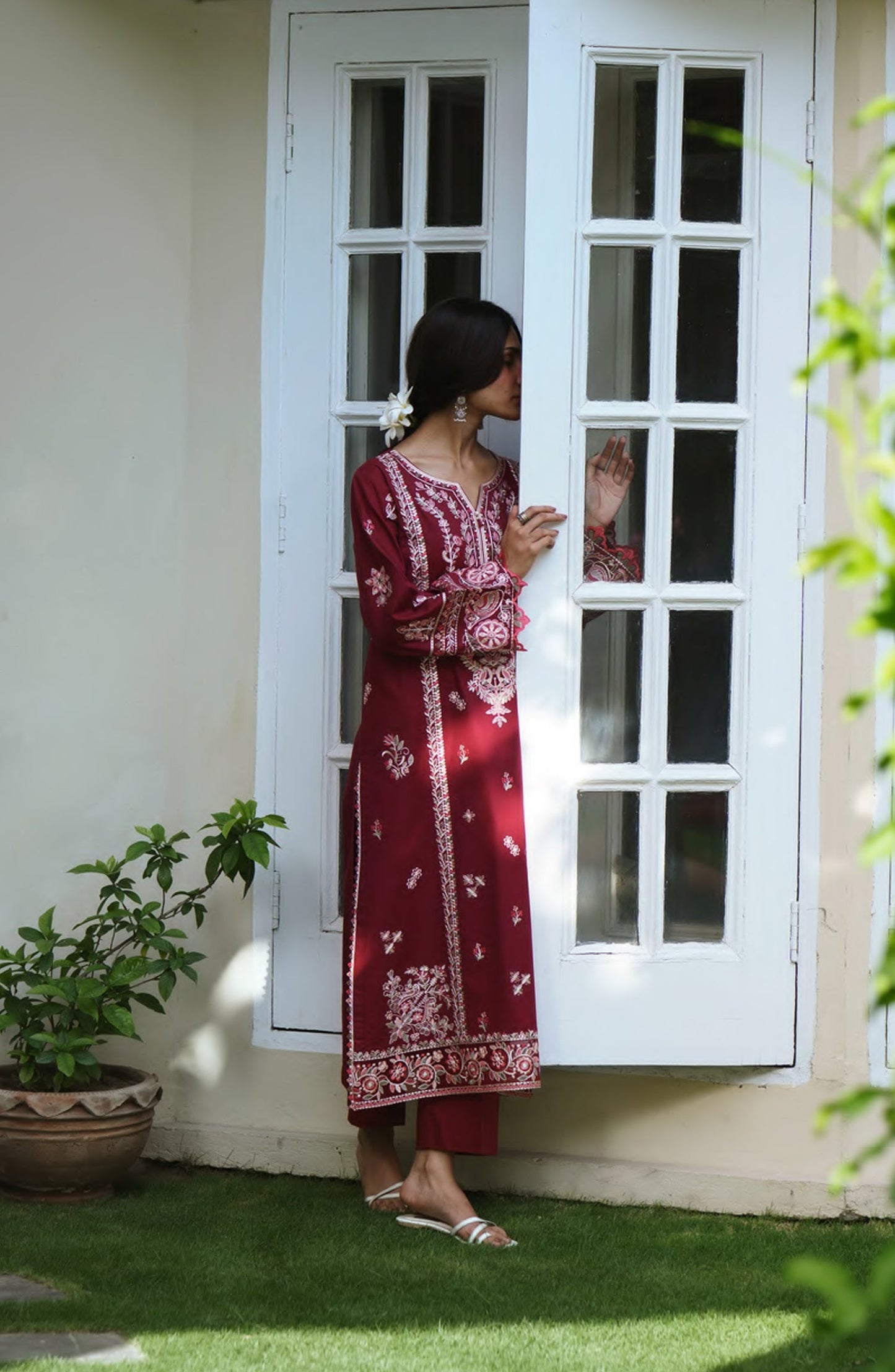 Breathe by Casual Lite Embroidered Cotton Cambric Stitched 3 Piece Suit - 02 Fiadh Blossom - CL26BRTH - Red - Summer Collection