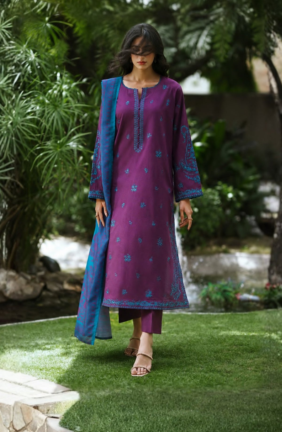 Breathe by Casual Lite Embroidered Cotton Cambric Stitched 3 Piece Suit - 03 Elis Twilight - CL26BRTH - Purple - Summer Collection