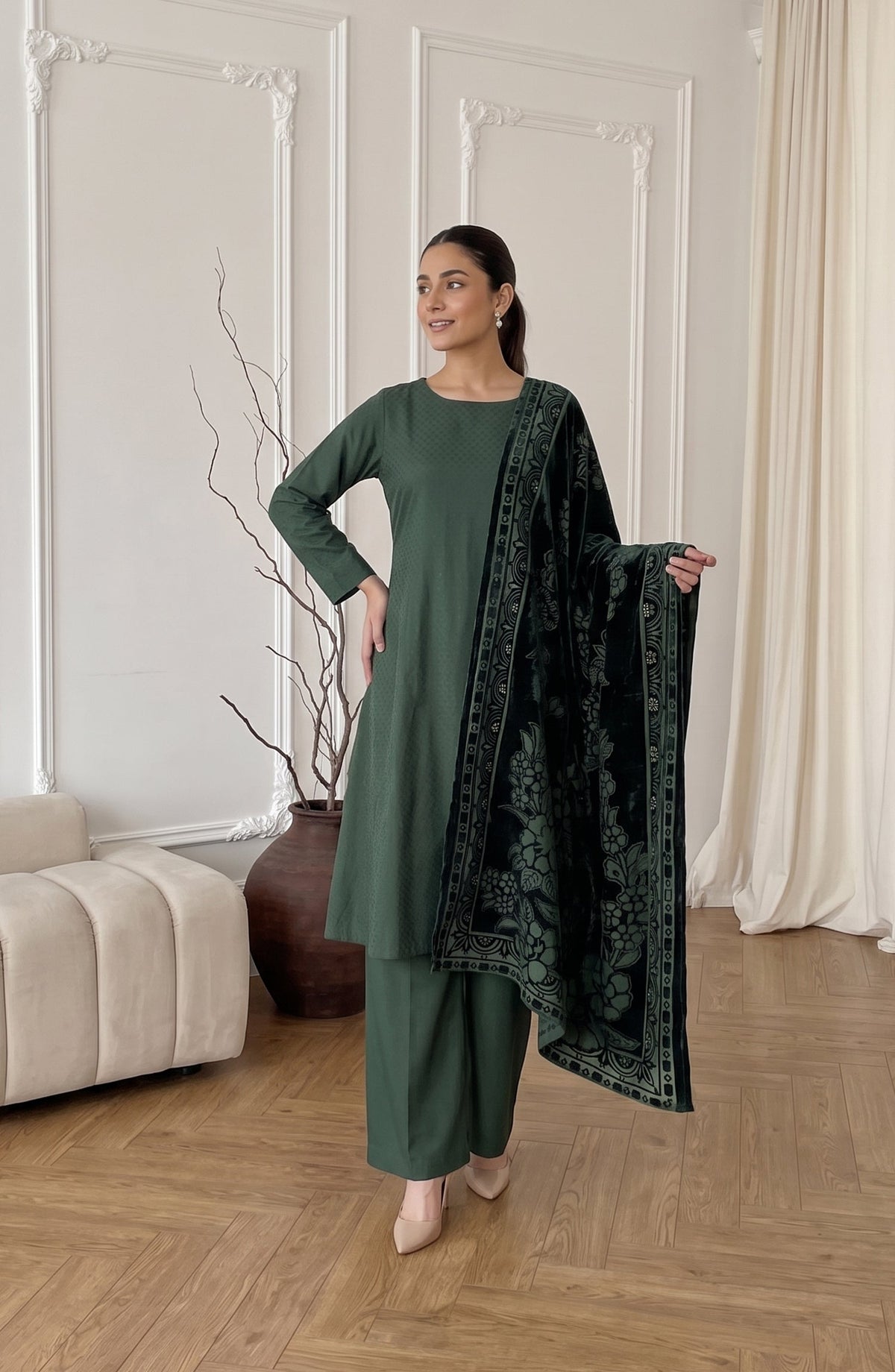 Calira by Amna Khadija Fancy Dhanak Jacquard Unstitched 3 Piece Suit - AKC-03 - AM26CLR - Green - Winter Collection
