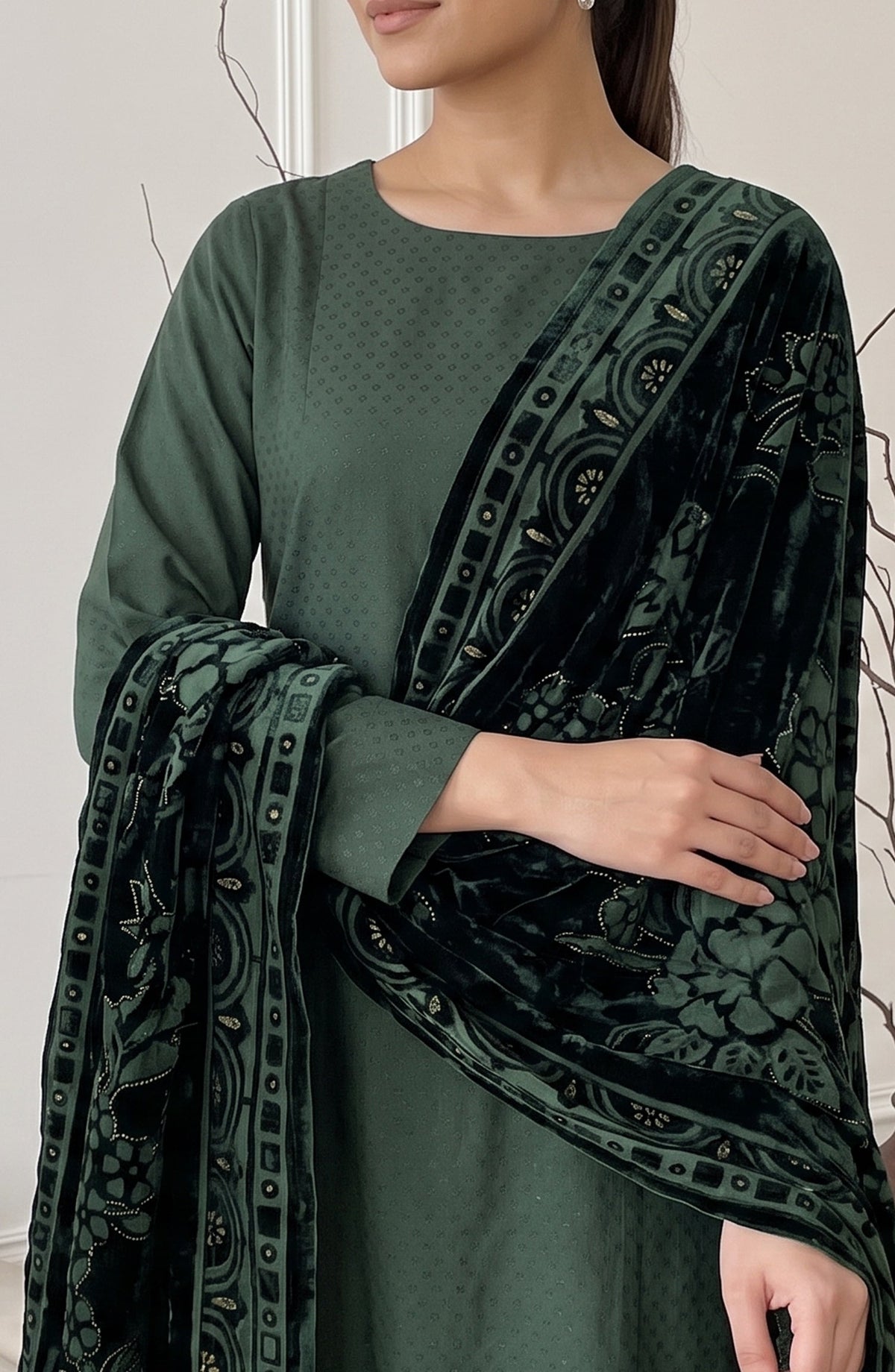 Calira by Amna Khadija Fancy Dhanak Jacquard Unstitched 3 Piece Suit - AKC-03 - AM26CLR - Green - Winter Collection