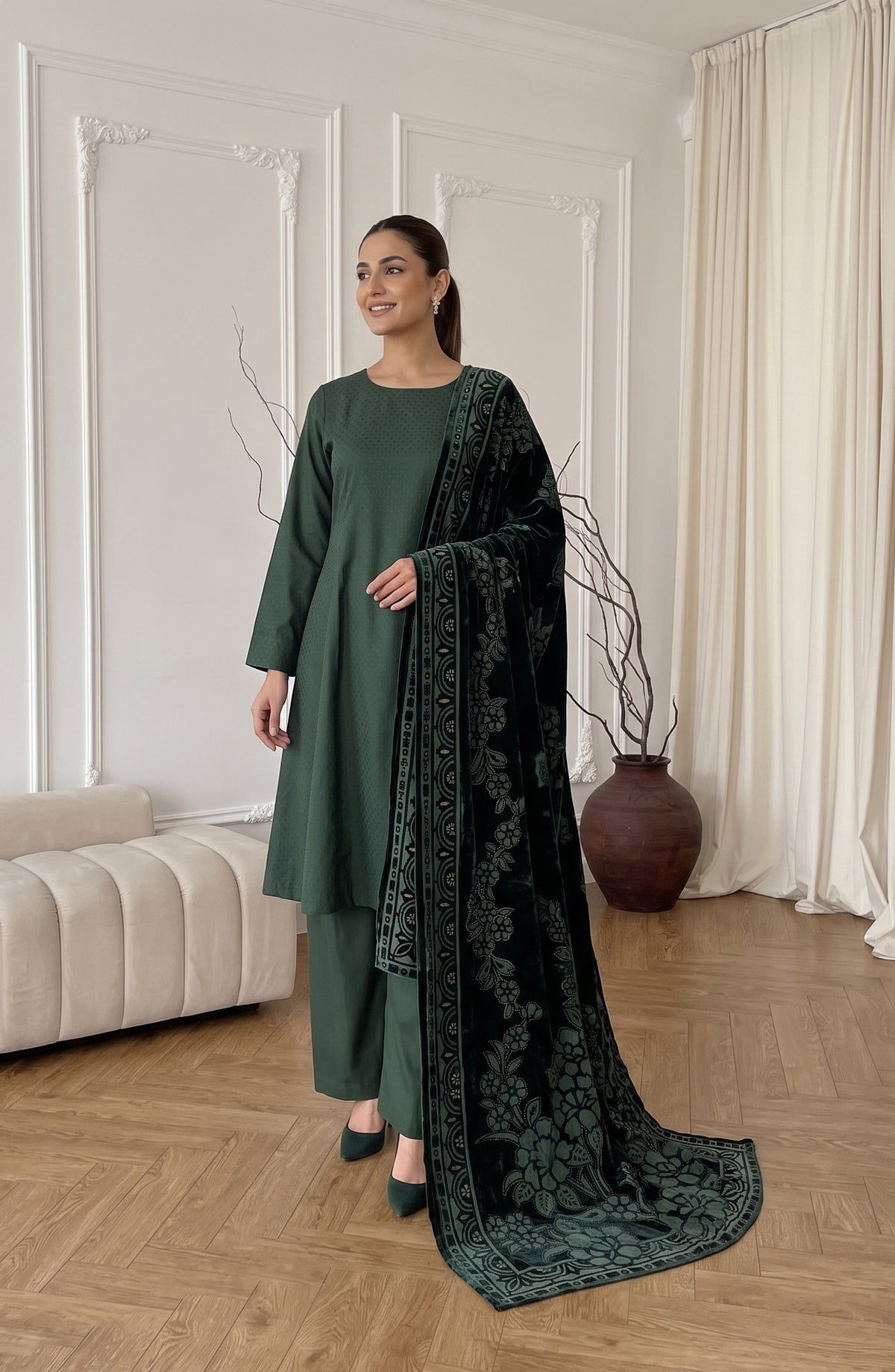 Calira by Amna Khadija Fancy Dhanak Jacquard Unstitched 3 Piece Suit - AKC-03 - AM26CLR - Green - Winter Collection