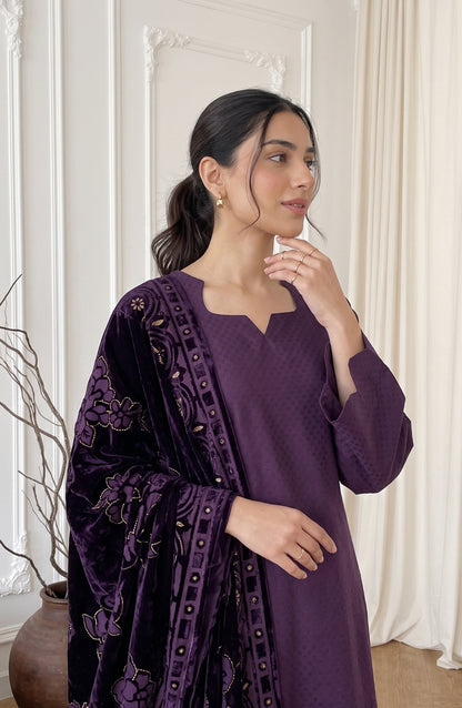Calira by Amna Khadija Fancy Dhanak Jacquard Unstitched 3 Piece Suit - AKC-05 - AM26CLR - Purple - Winter Collection