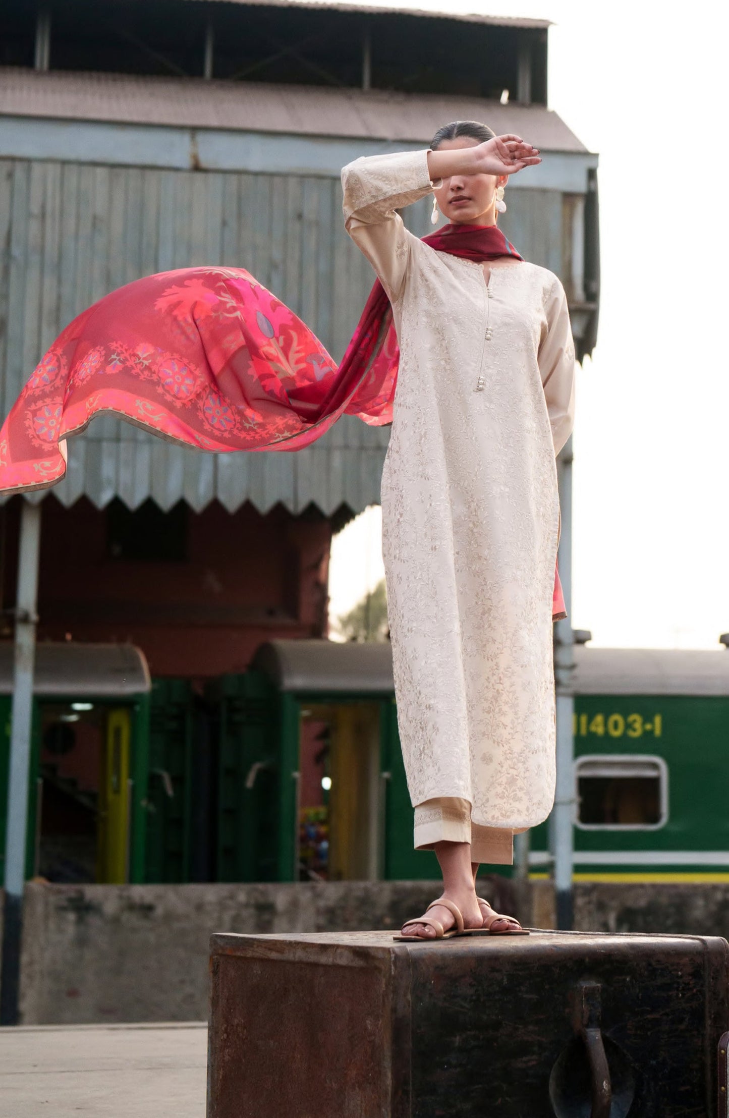 Casual Lite Embroidered Cotton Lawn Stitched 3 Piece Suit - Blush Ivory - CL26TRV - Light Fawn - Summer Travels Collection