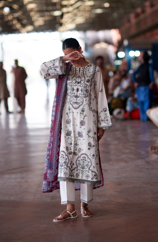 Casual Lite Embroidered Cotton Lawn Stitched 3 Piece Suit - Morning Muse - CL26TRV - White - Summer Travels Collection